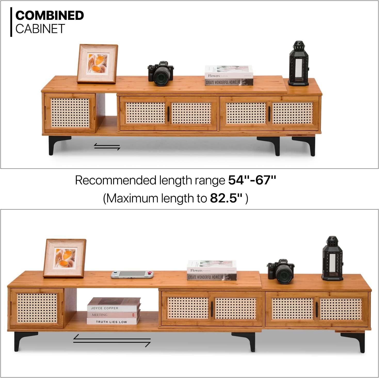 MoNiBloom Bamboo TV Stand with Storage Cabinet, 54" to 82.5" Extendable Length TV Console for Home Living Room