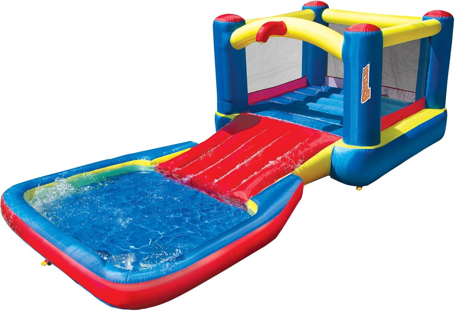 Banzai Bounce ’N’ Splash Water Slide, Heavy Duty Inflatable Outdoor Water Park w/ Bounce House, Slide, and Splash Pool, for Kids Ages 5-12, Multicolor