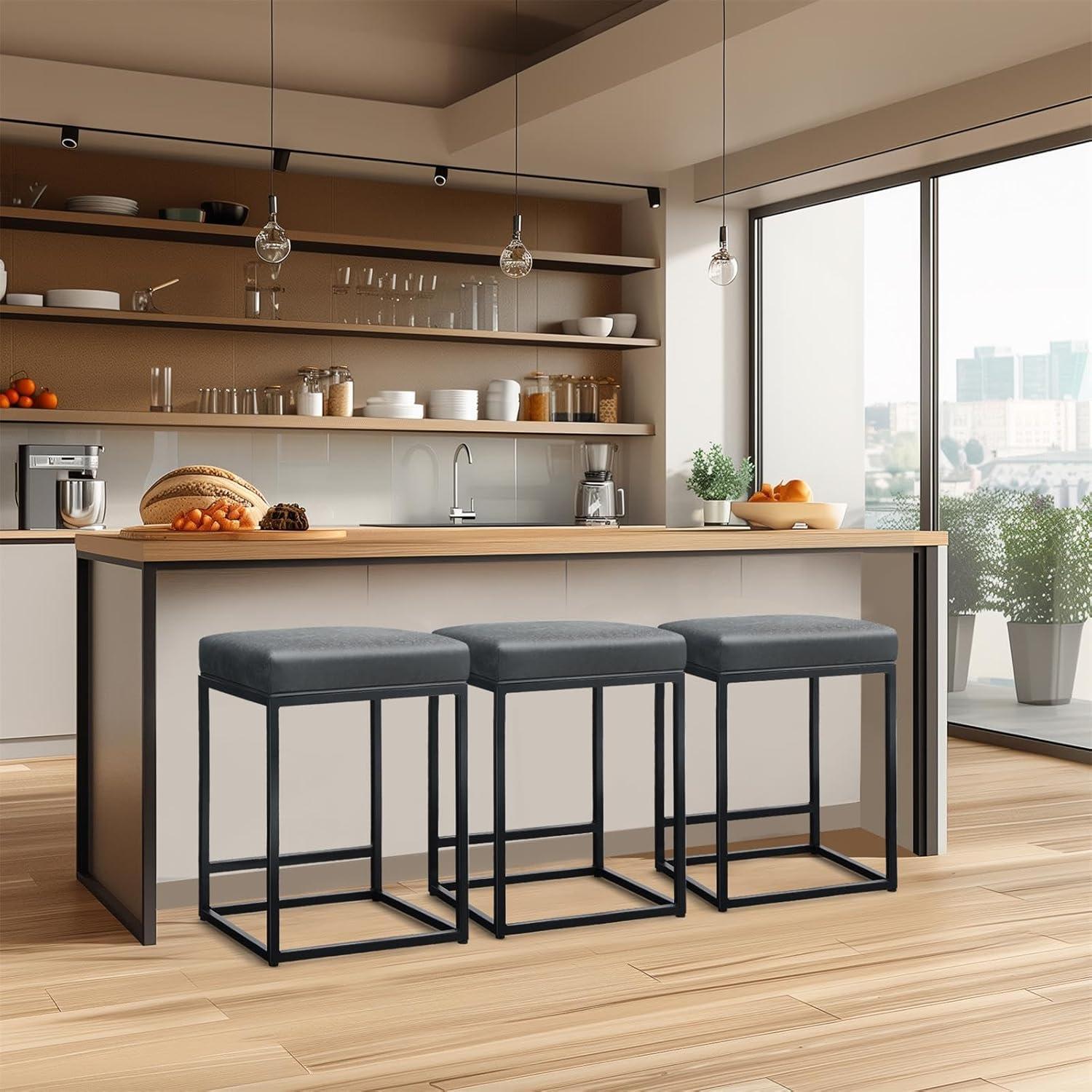 Lorelia Set of 2 Black 24 Inch Backless Counter Bar Stools Faux Leather Seat for Kitchen