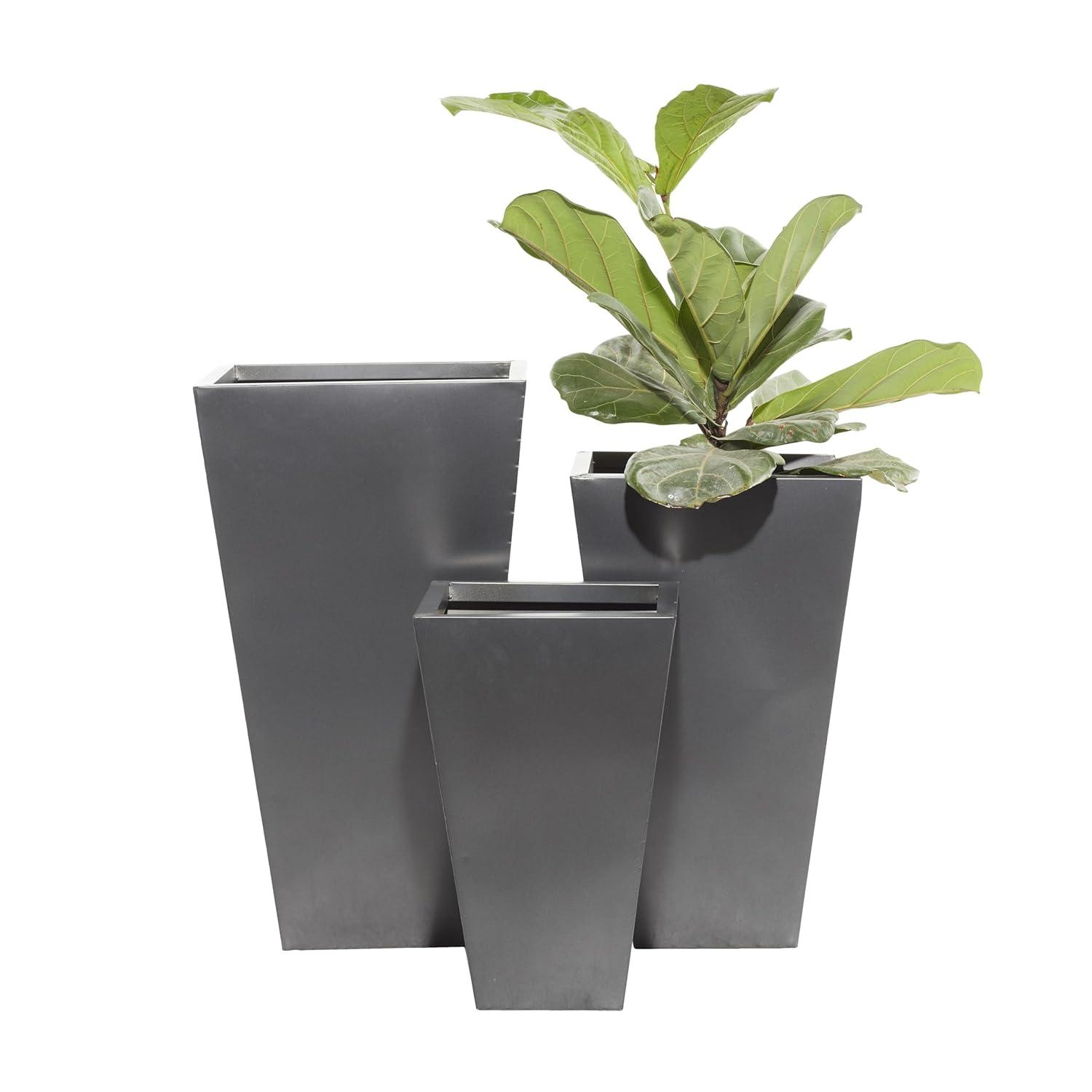 DecMode Grey Contemporary Oversized Metal Planter with Cement Hue, Set of 3, 20", 25", 30"H