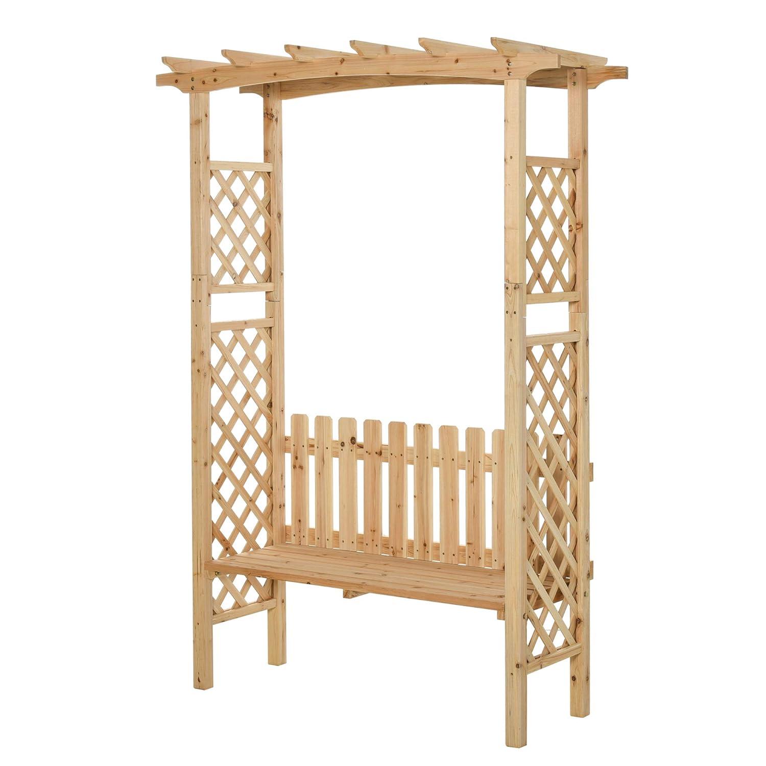 Outsunny Wooden Trellis Arbor Arch for Climbing Plants with Garden Bench, Grow Grapes & Vines, Patio Decor & 2-Person Seating, Natural