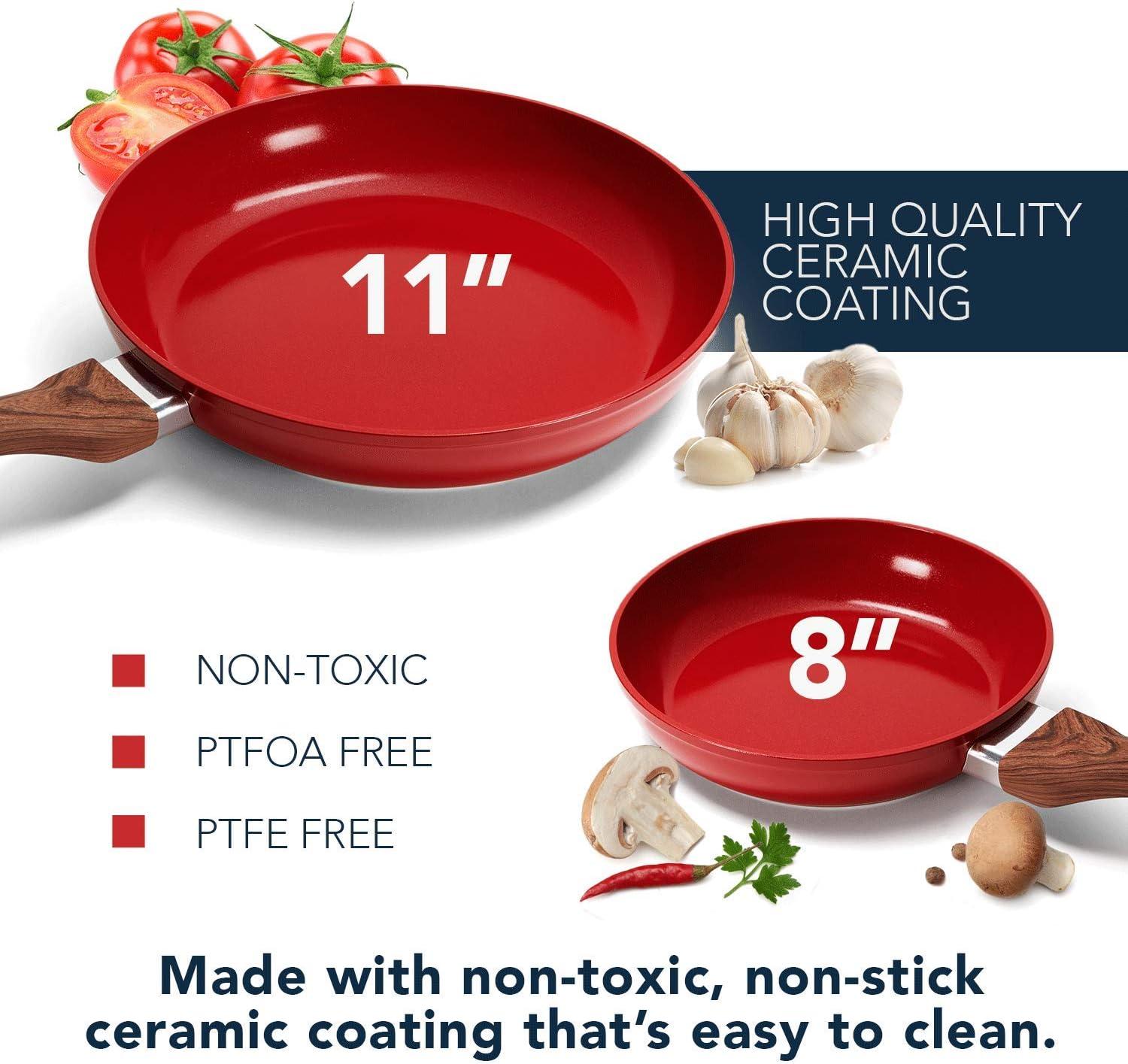 Phantom Chef 8” & 11” Frypan with Wood Handle and Aluminum Body – Red