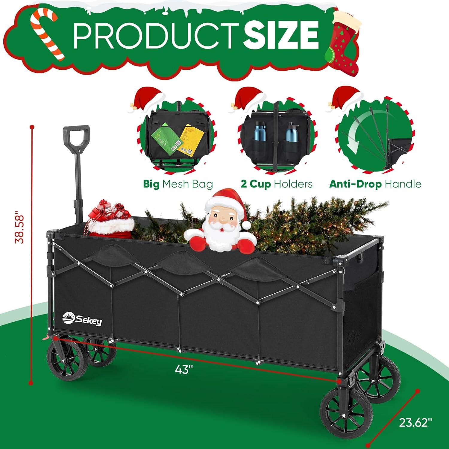 Sekey 43" Extended Collapsible Wagon 400L Large Capacity, 440LBS Heavy Duty Folding Utility Garden Cart with All-Terrain Wheels for Camping, Sports, Shopping.Black