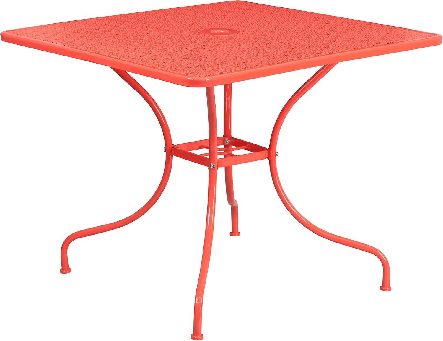 Flash Furniture Commercial Grade 35.5" Square Coral Indoor-Outdoor Steel Patio Table Set with 4 Round Back Chairs