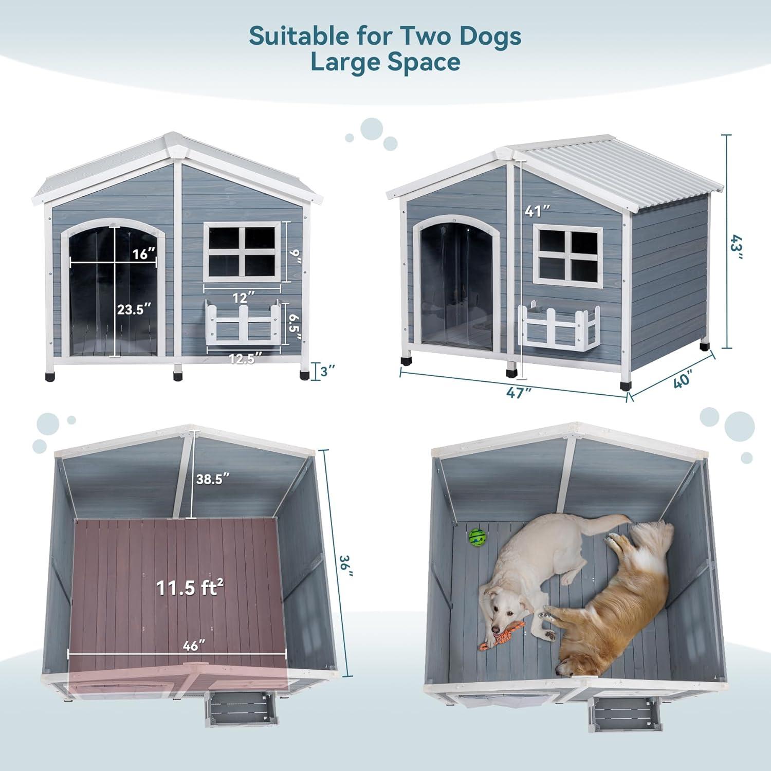 Petsfit 47" Dog House Outdoor with Waterproof PVC Roof, Extra Large Dog House for 2 Medium Dogs, Dog House Outdoor Large Breed, XXL Dog Houses with Window, Gray