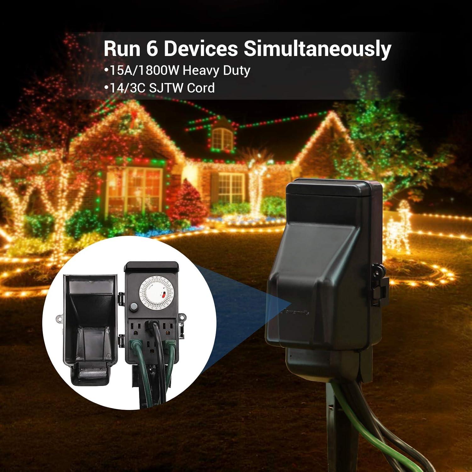 DEWENWILS Mechanical Outdoor Power Stake Timers for 6 Outlets, 6FT Extension Cords, Garden Power Strip Stake Timers for for Holiday/Christmas Decor, Lights, 24 Hour Multi Socket Timer,1800W/15A