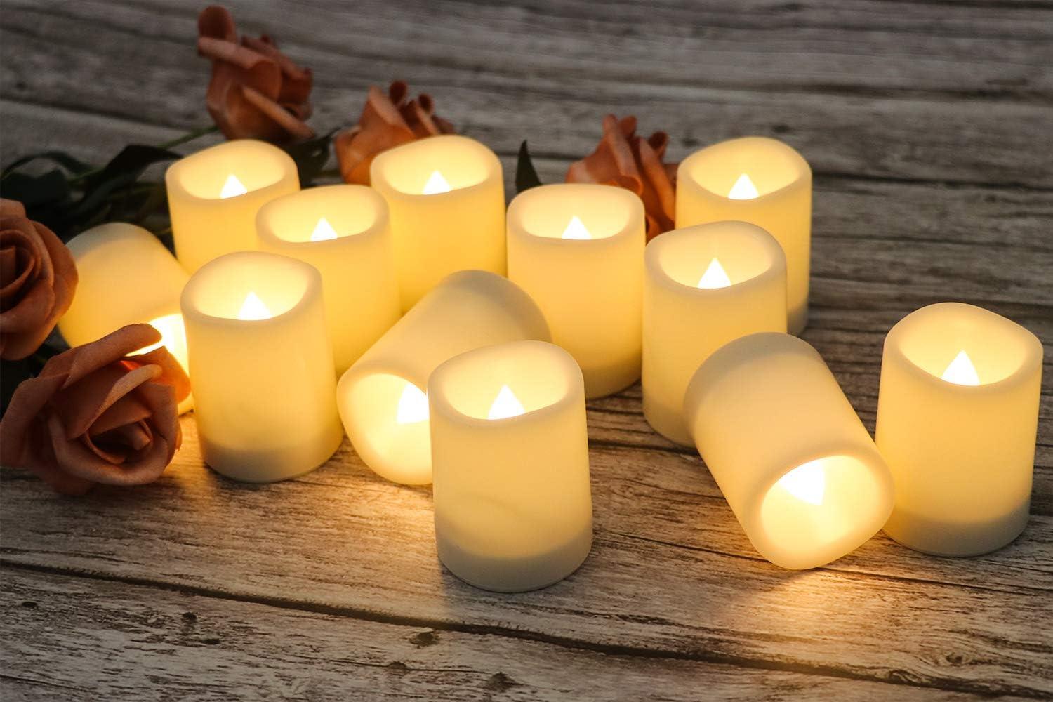 Outdoor Waterproof Flameless Votive Candles Flickering with Timer, Led Tea Lights Candles Battery Operated for Wedding Party Halloween Decoration(12 Pack)