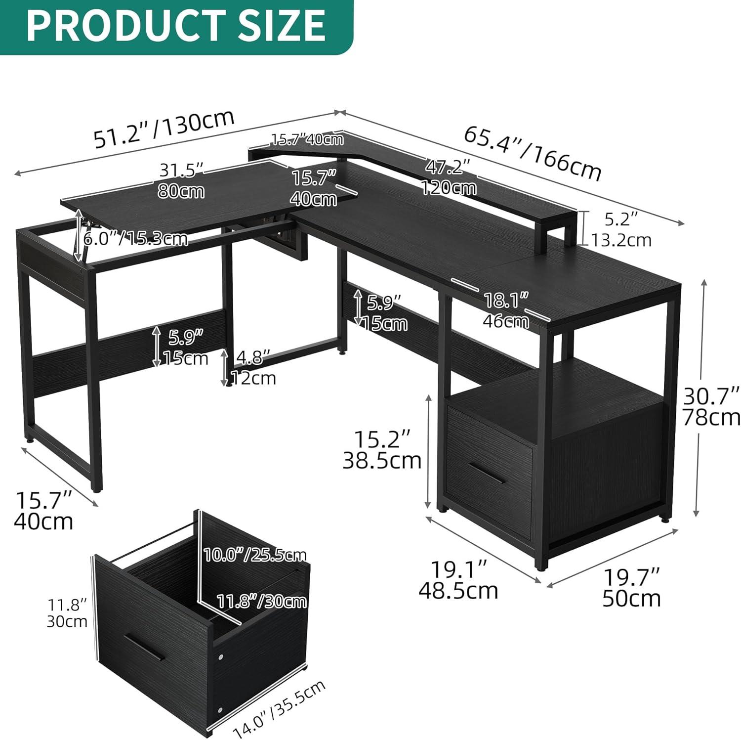 L Shaped Computer Desk with File Drawer, 65" L Shaped Desk with Monitor Stand, Height Adjustable Standing Desk , Black