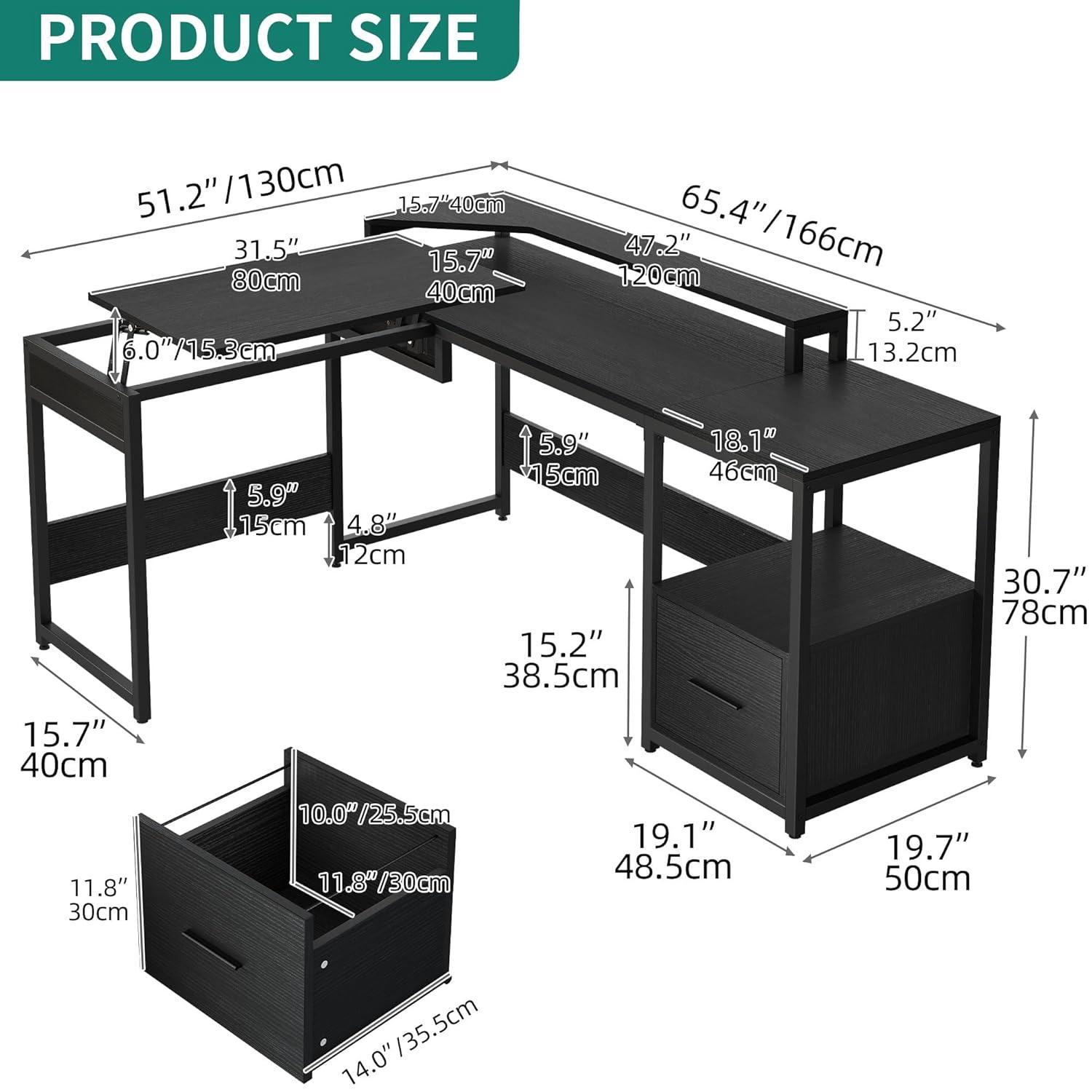 L Shaped Computer Desk with File Drawer, 65" L Shaped Desk with Monitor Stand, Height Adjustable Standing Desk , Black