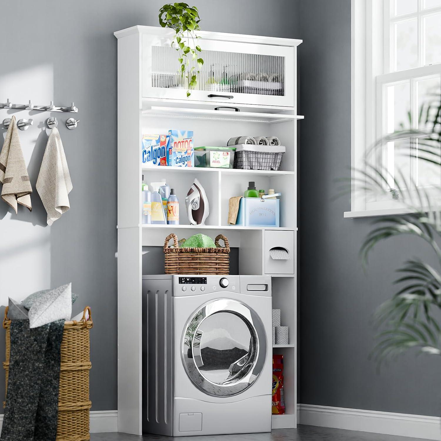Over The Toilet Storage Cabinet with Transparent Door, Toilet Paper Storage Cabinet with Multi Layer Shelves Suitable for Bathroom, Laundry Room, Freestanding Bathroom Storage Rack,White