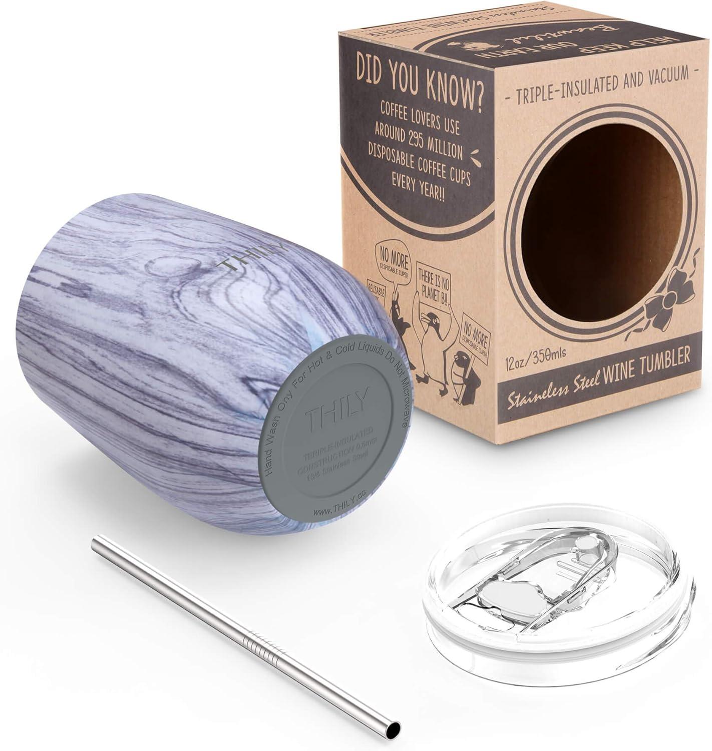 Wine Tumbler Vacuum Insulated Stemless - THILY 12 oz Triple-Insulated Stainless Steel Wine Glass with Lid and Straw, Cute Travel Cup Keep Cold or Hot for Coffee, Cocktails, Wood Grain