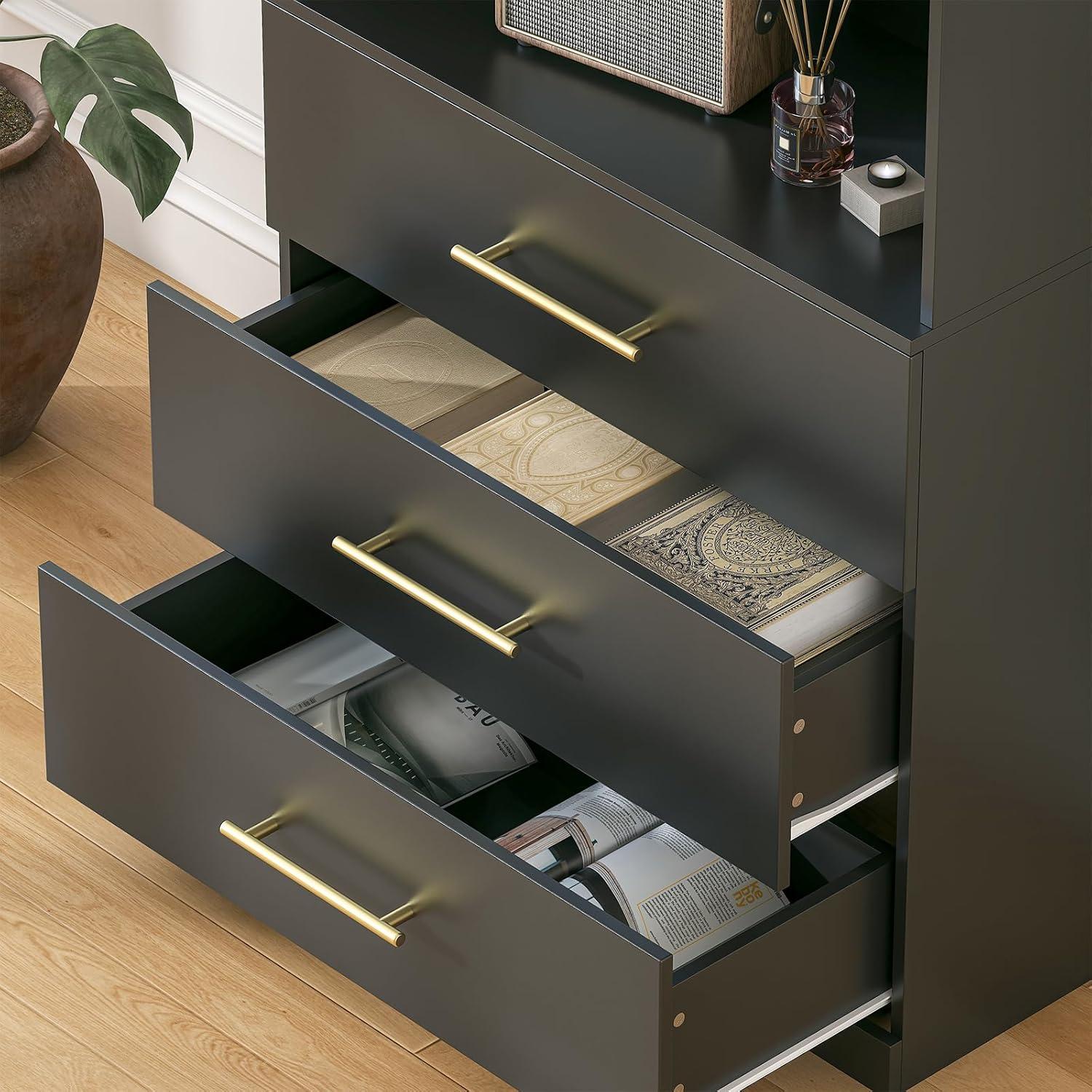 Winkalon 71" H Black Bookshelf with Drawers, Bookshelf and Bookcase with 3-Tier Open Shelves, Tall Bookcase Tall Storage Cabinet for Home Office