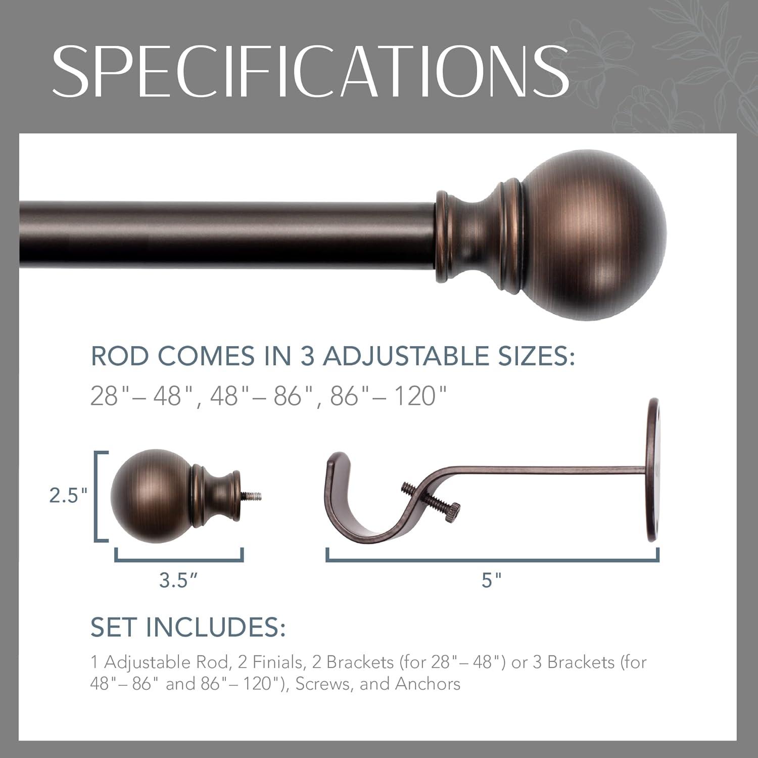 Cordelia 1" Window Drapery Single Curtain Rod with Globe Ball Finial - 86"-120" - Antique Bronze - Elrene Home Fashions