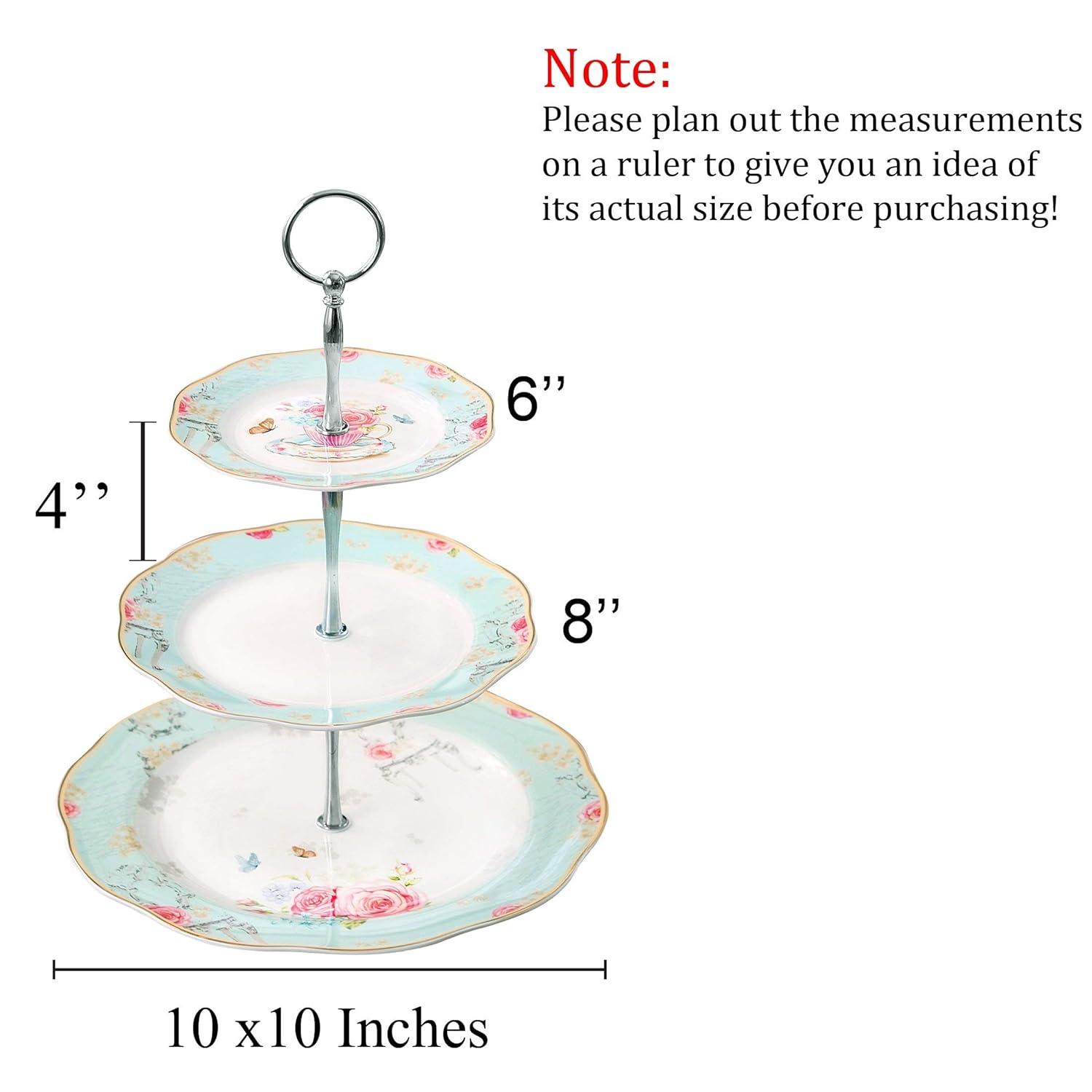 Jusalpha Light Blue 3-tier Ceramic Cake Stand- Cupcake Stand- Tea Party Pastry Serving Platter Comes In a Gift Box- Free Sugar Tong (FD-QD3T)