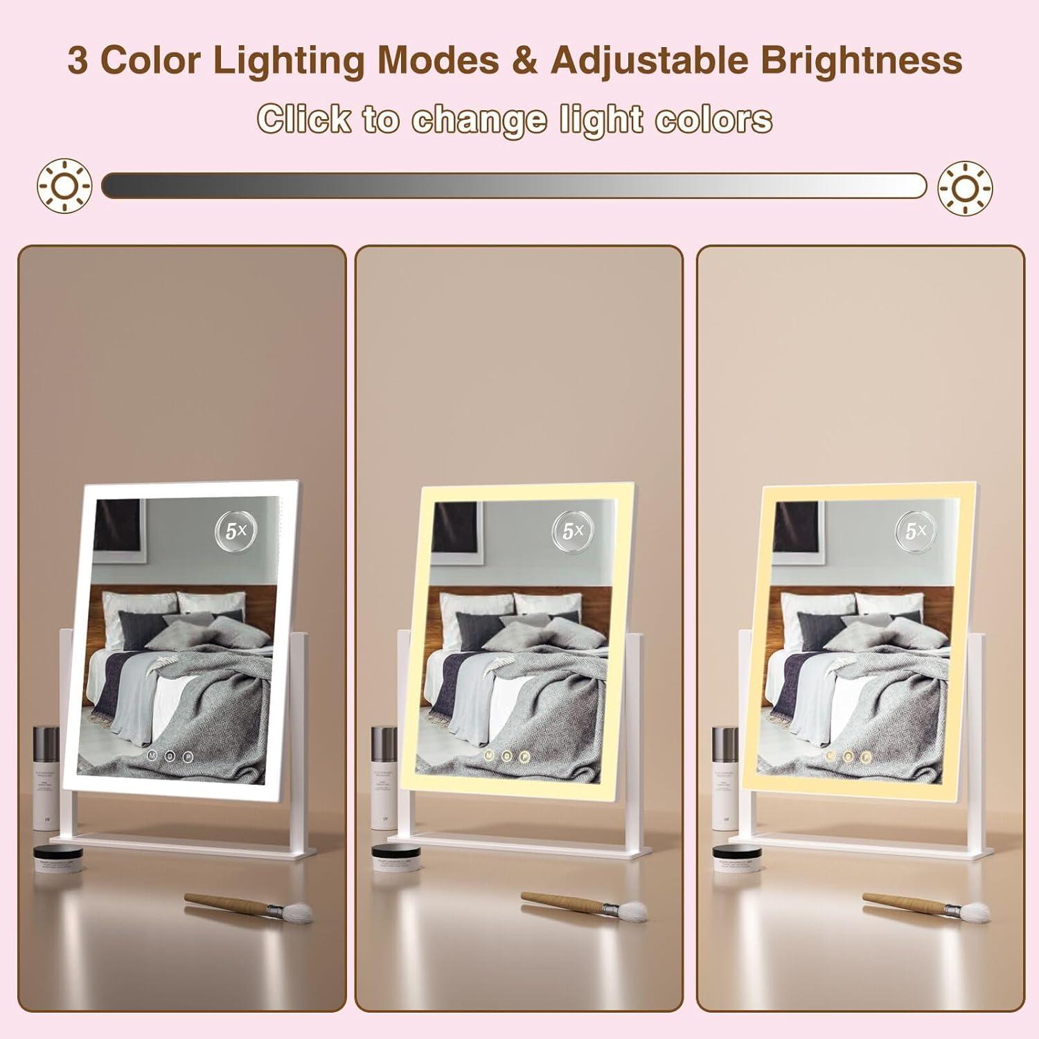 Lighted Makeup Mirror, Hollywood Vanity Mirror with 5X Magnification Mirror, 360°Rotation Touch Control, 3 Color Lighting for Desks Bedroom Dressing Room, Small