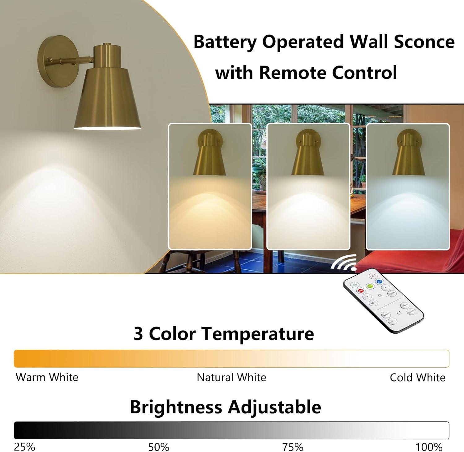 Battery Operated Wall Sconce Set of Two, Modern with Remote Control Dimmable Wall Lighting Indoor