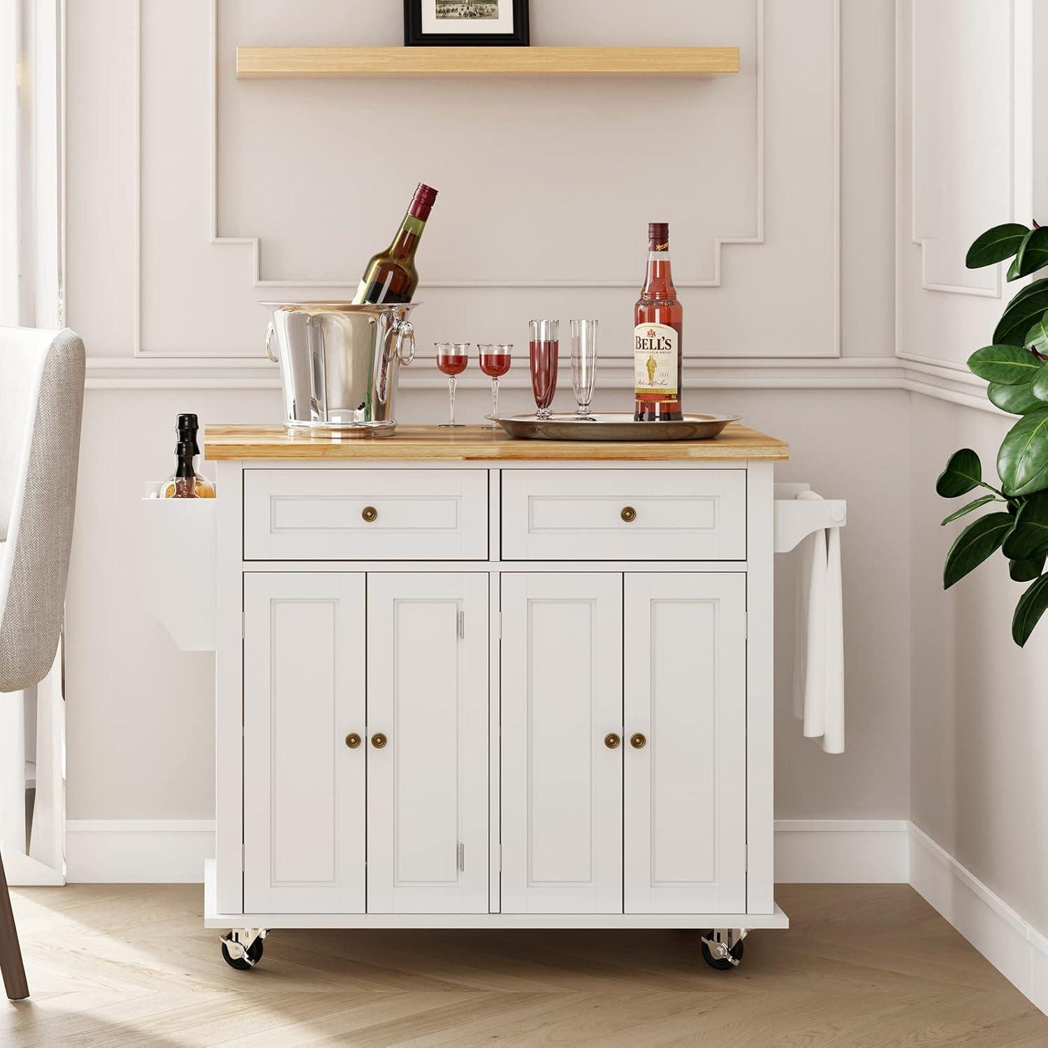 White and Maple Wood Kitchen Cart with Spice Rack and Storage