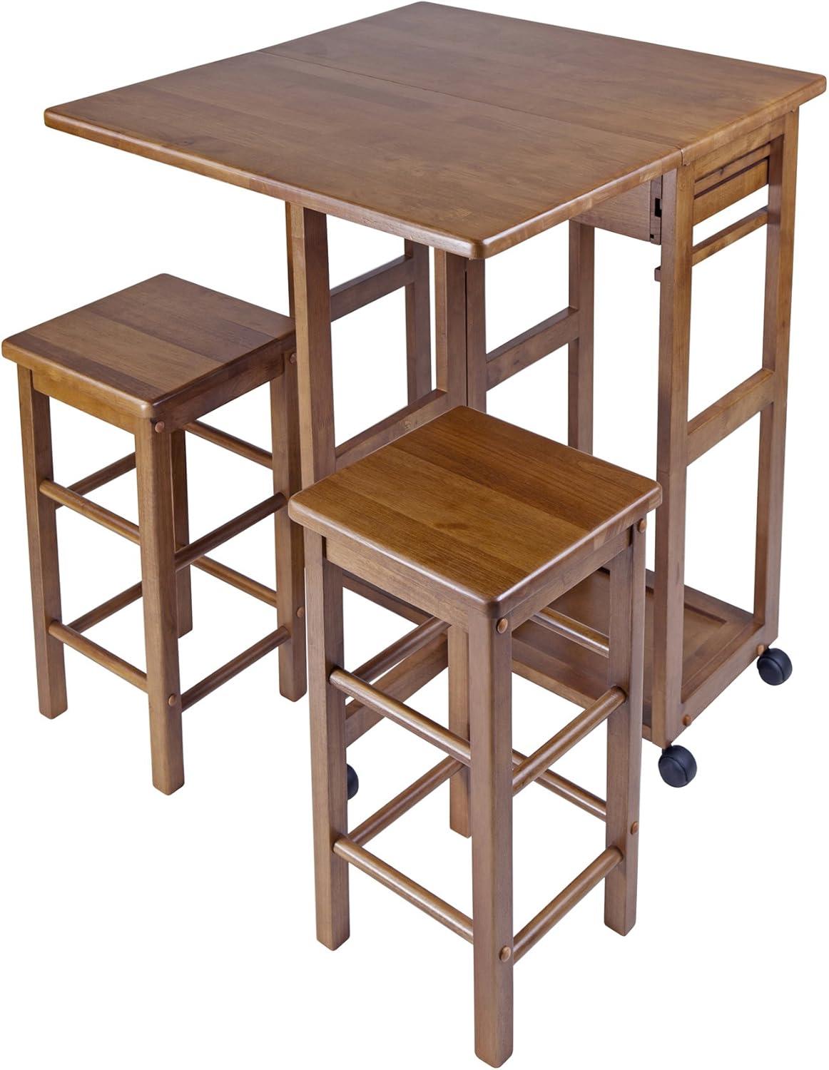 3pc Suzanne Space Saver Drop Leaf Dining Set Teak - Winsome: Compact, Storage Drawers & 2 Stools