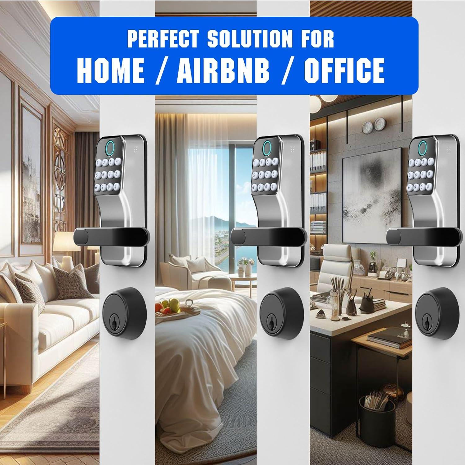 Smart Lock with Handle: Wi-Fi Keyless Entry Door Lock - Smart Locks for Front Door - Biometric Fingerprint Door Lock - Smart Door Lock with Keypad - Garage Door with App Control - Auto Lock