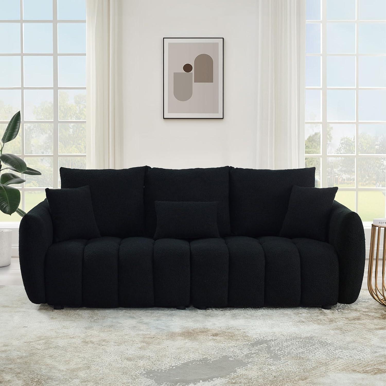 82'' Black Velvet Upholstered Modern Sofa with Pillows