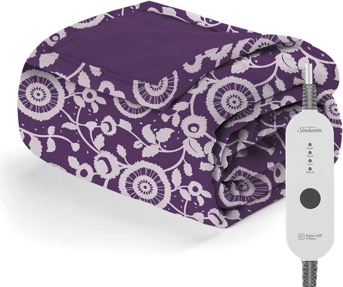 Sunbeam Nordic Premium Electric Heated Throw Blanket with 4 Heat Settings Controller, 4-Hour Auto Shut-Off, Overheat Protection UL Certified (50" x 60") (Purple Floral)