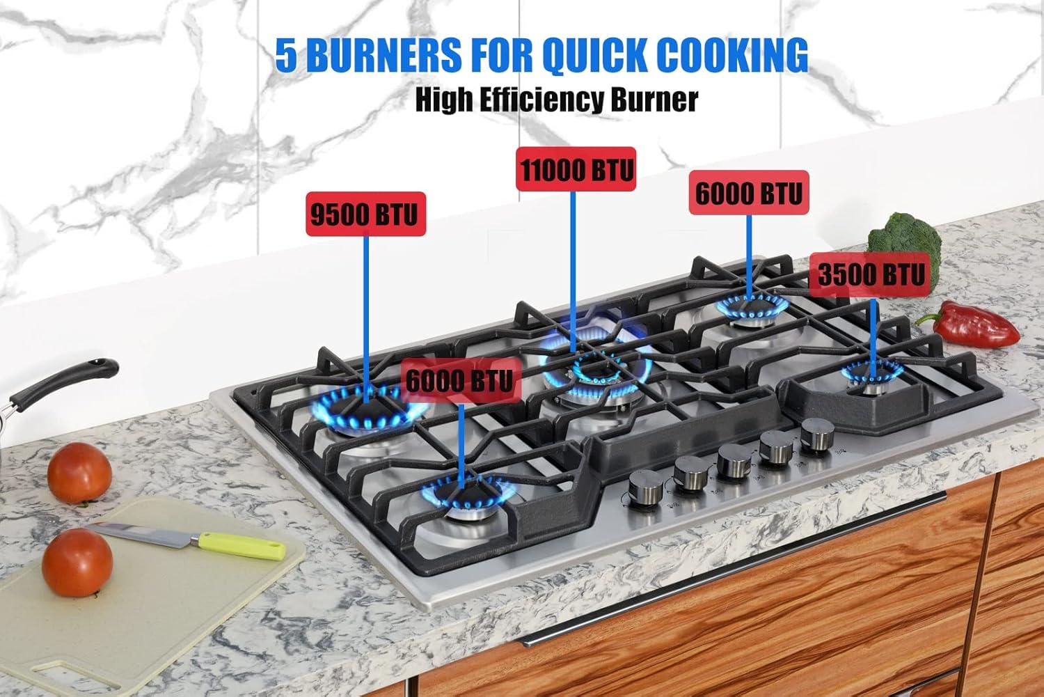 34-Inch Stainless Steel 5-Burner Gas Cooktop with Cast Iron Grates