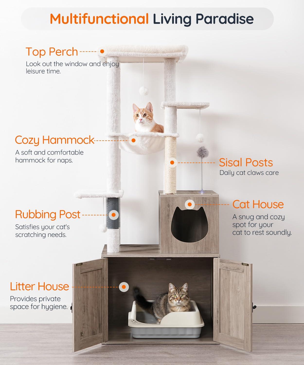 Litter Box Enclosure with Cat Tree, 2-in-1 Cat Tree Tower, Hidden Cat Litter Box Furniture with Scratching Post, Modern Cat Condo, Grey
