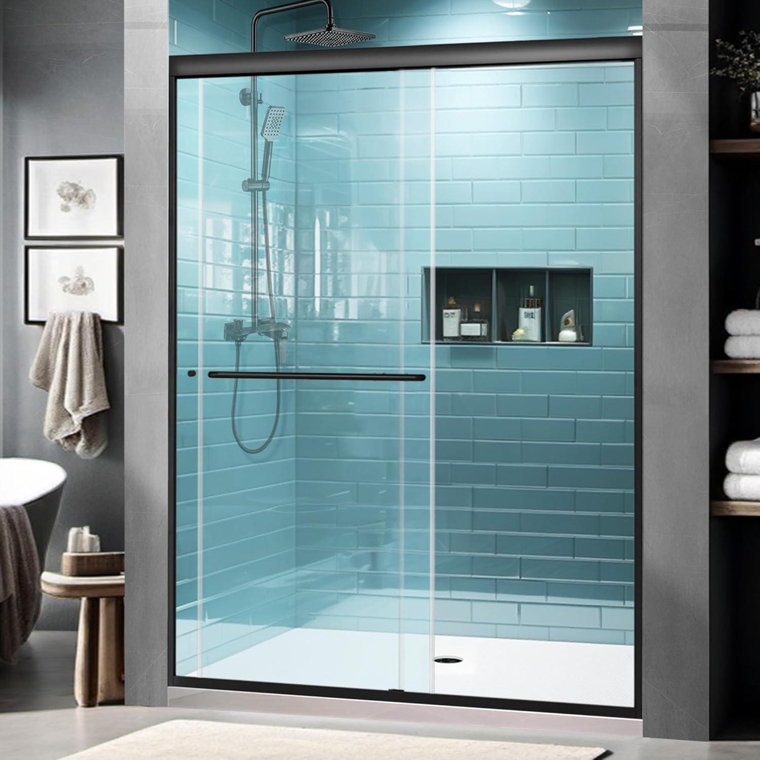 60" Matte Black Semi-Frameless Sliding Shower Door with Clear Glass