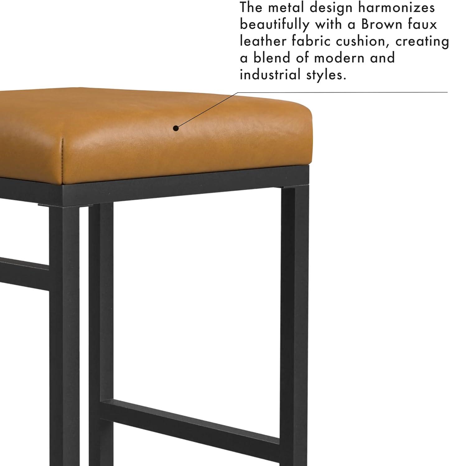 24" Open Back Metal Counter Height Barstool Faux Leather Carmel - HomePop: Kitchen Island Seating, Industrial Style