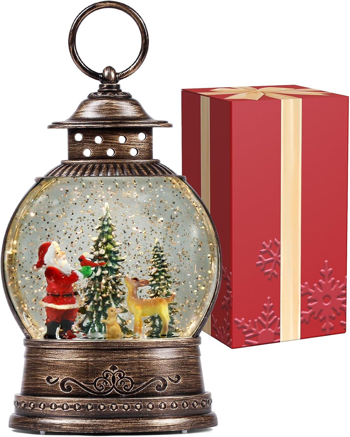 Vintage Brass Musical Santa Christmas Snow Globe Lantern