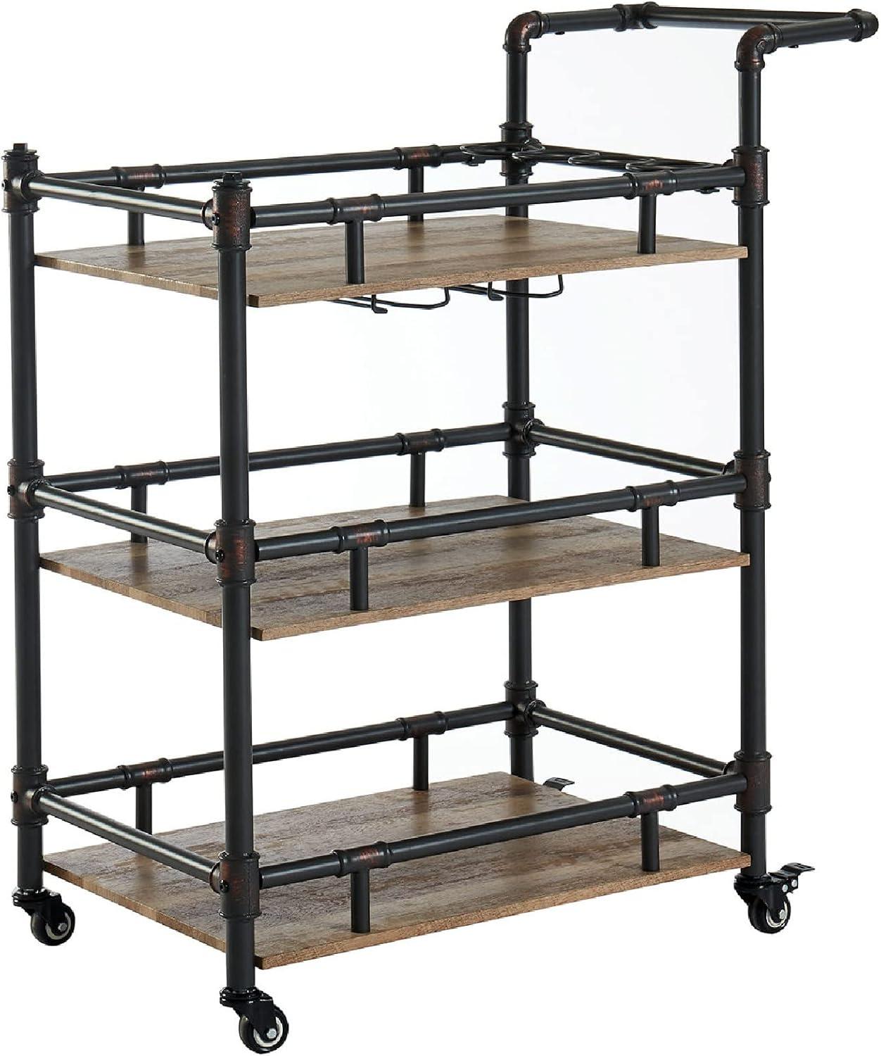 Rustic Black and Brown Three-Tier Wooden Serving Cart with Casters