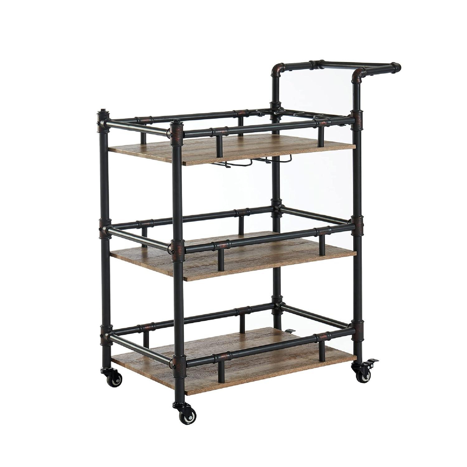 Benjara Benzara Rustic Three Tier Serving Cart, Black and Brown