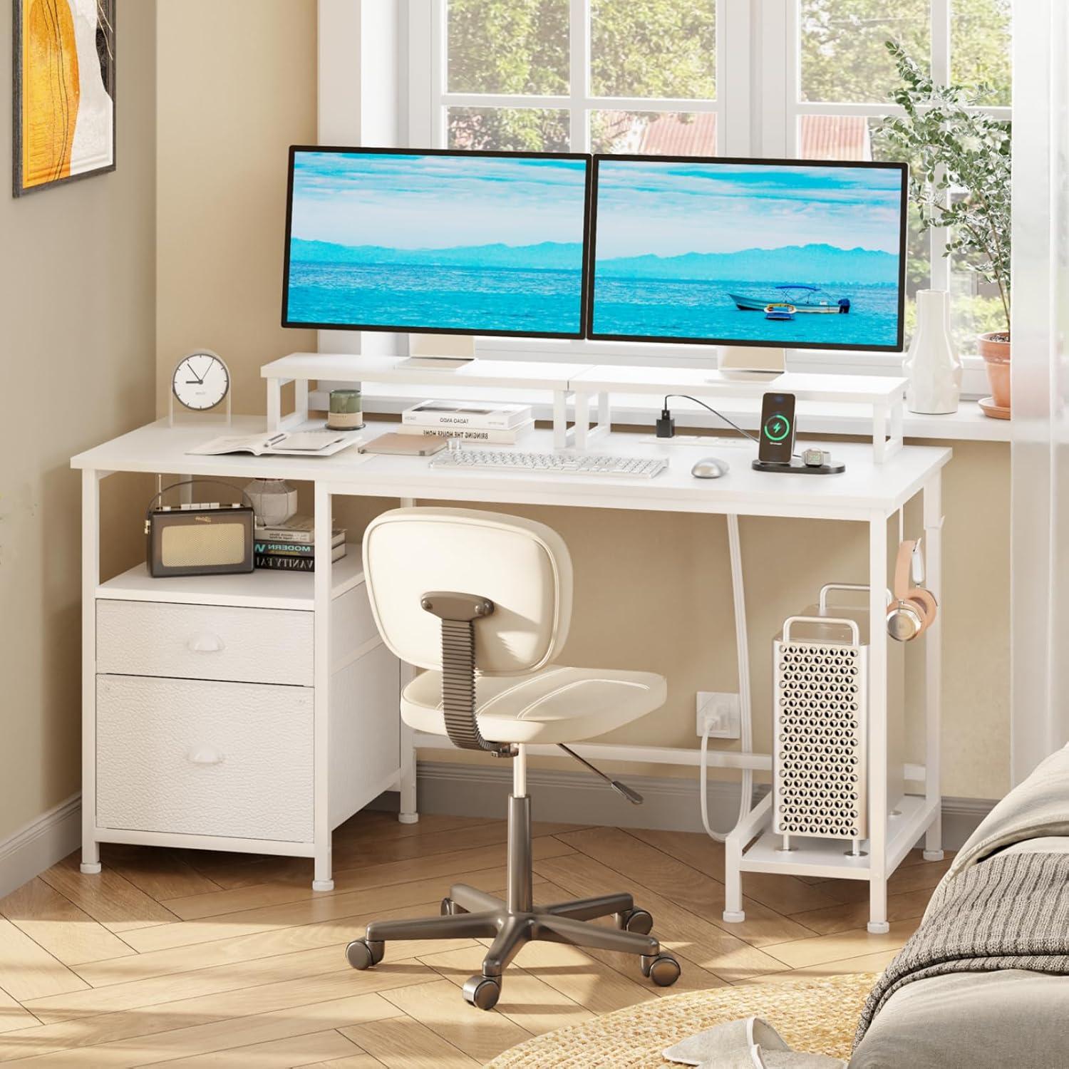 Furologee White 47" Computer Desk with Drawer & Power Outlets, Office Desk with 2 Monitor Stands & Fabric File Cabinet, Writing Gaming Table with Shelves & 2 Hooks for Home Office