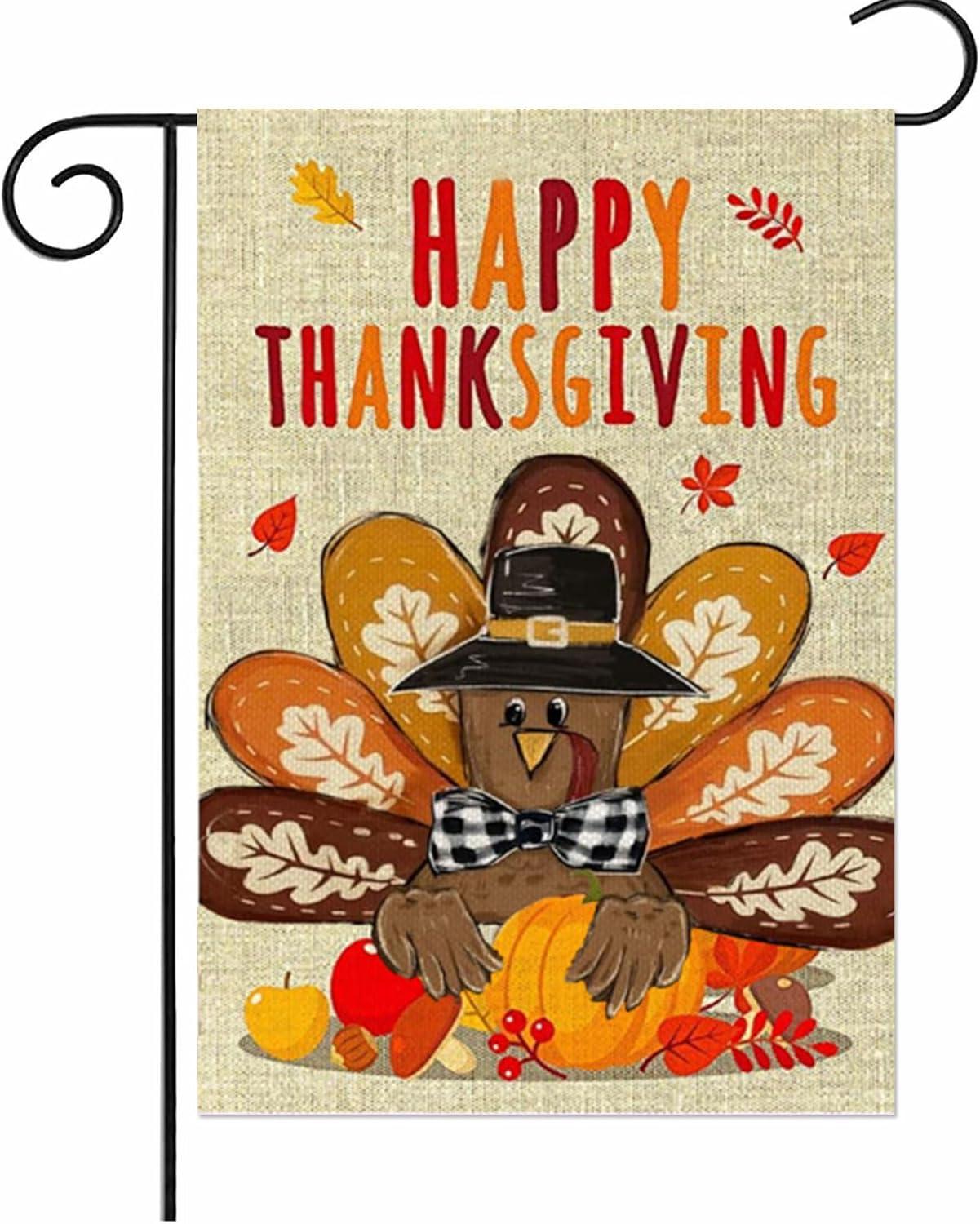 Happy Thanksgiving Turkey Double-Sided Linen Garden Flag