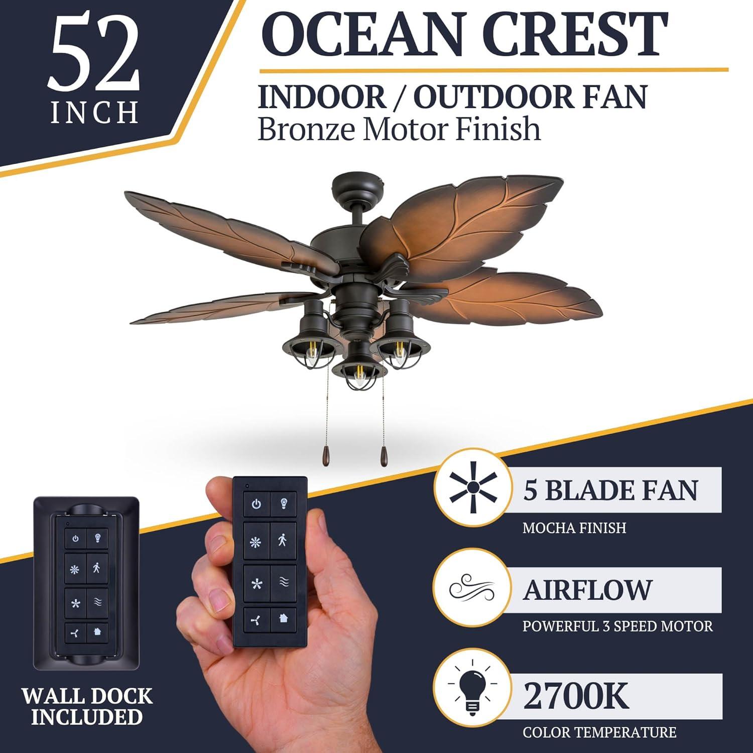 52" Bronze Tropical Ceiling Fan with Palm Leaf Blades and LED Light