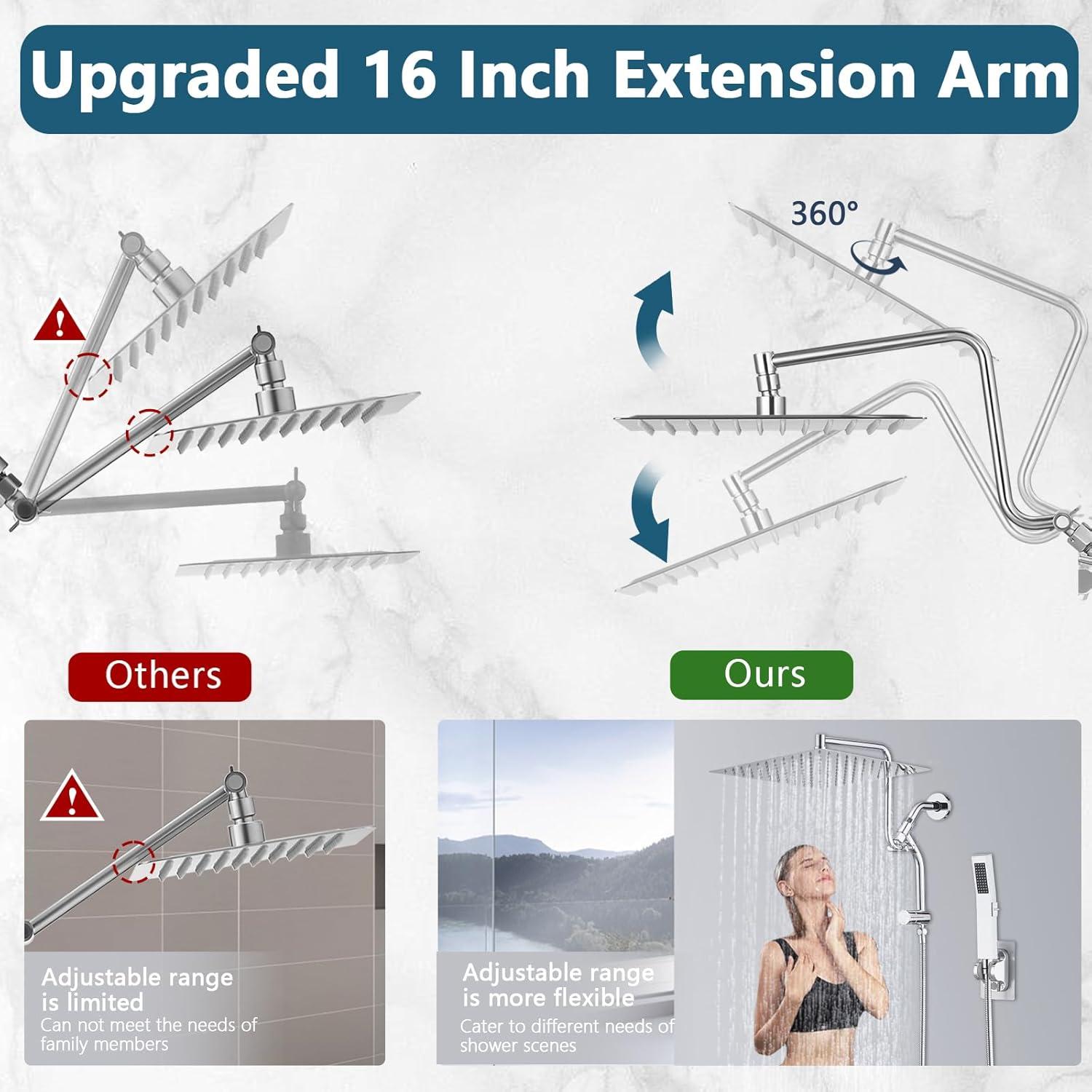 PDPBath All Metal 12'' Rainfall Shower Head with Handheld Combo, Upgrade 3-Way Diverter with Pause Setting, High Pressure Rain Shower Head with Z-shaped Extension Arm, 59" Hose, Brushed Nickel