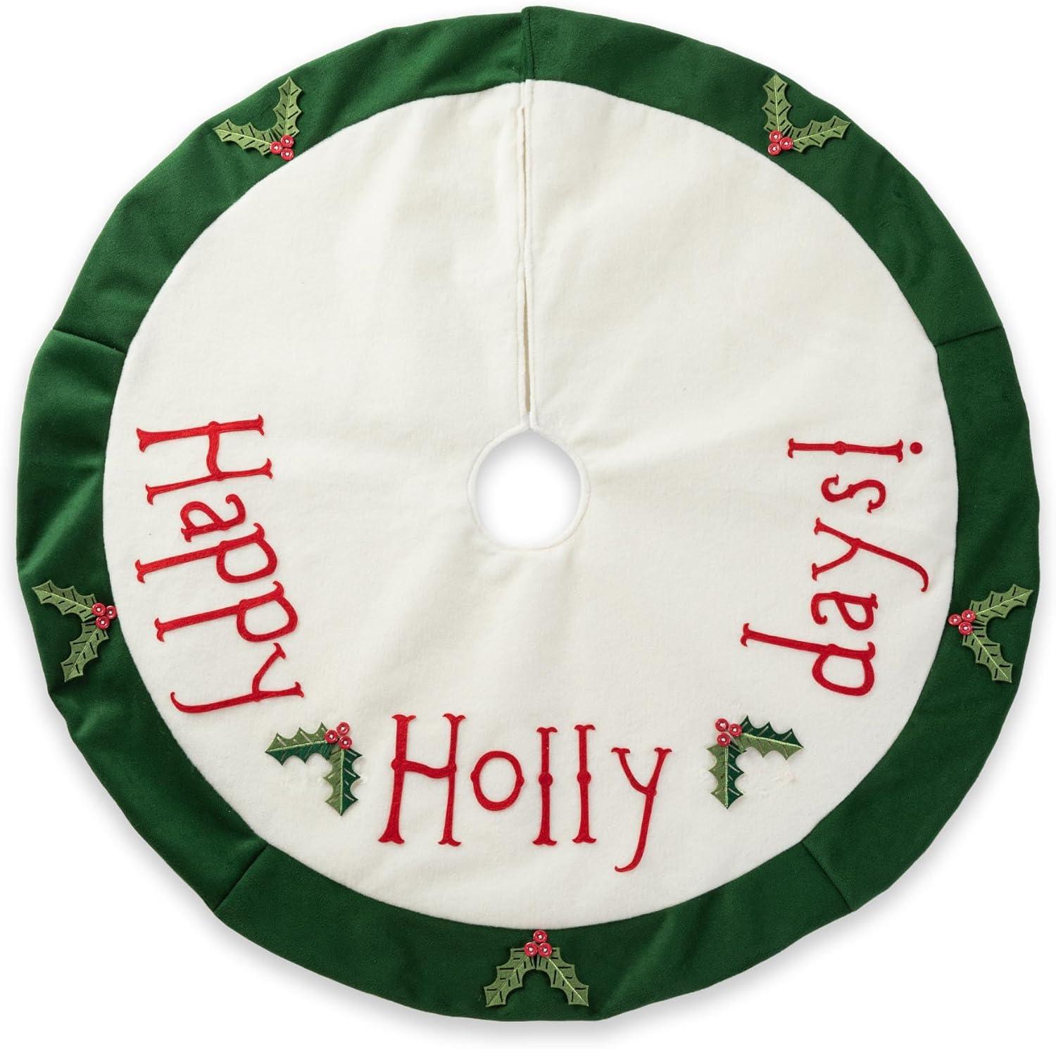 48" Green and White Felt Christmas Tree Skirt with Holly Leaves