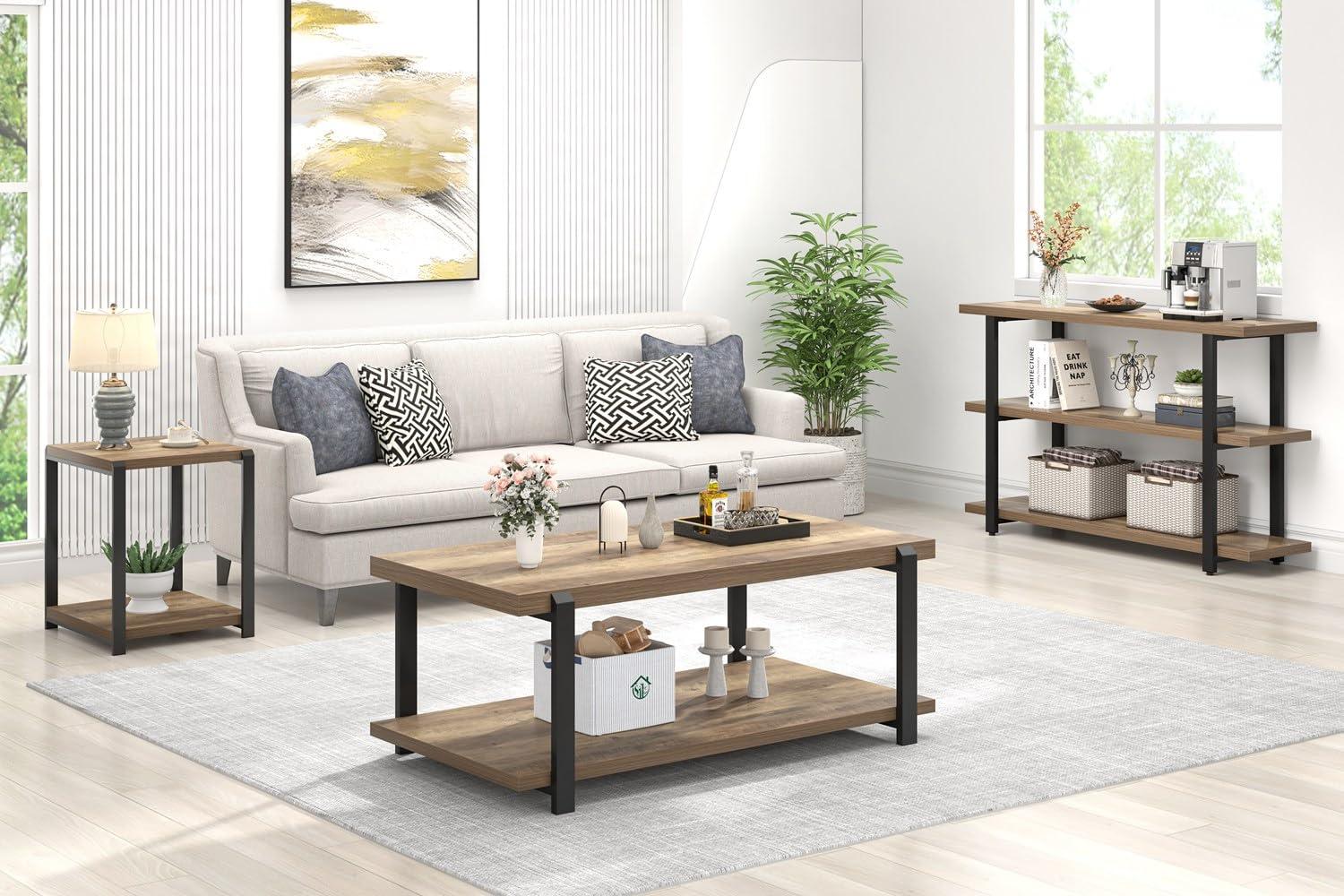 FOLUBAN Industrial Coffee Table with Shelf, Wood and Metal Rustic Cocktail Table for Living Room, Oak