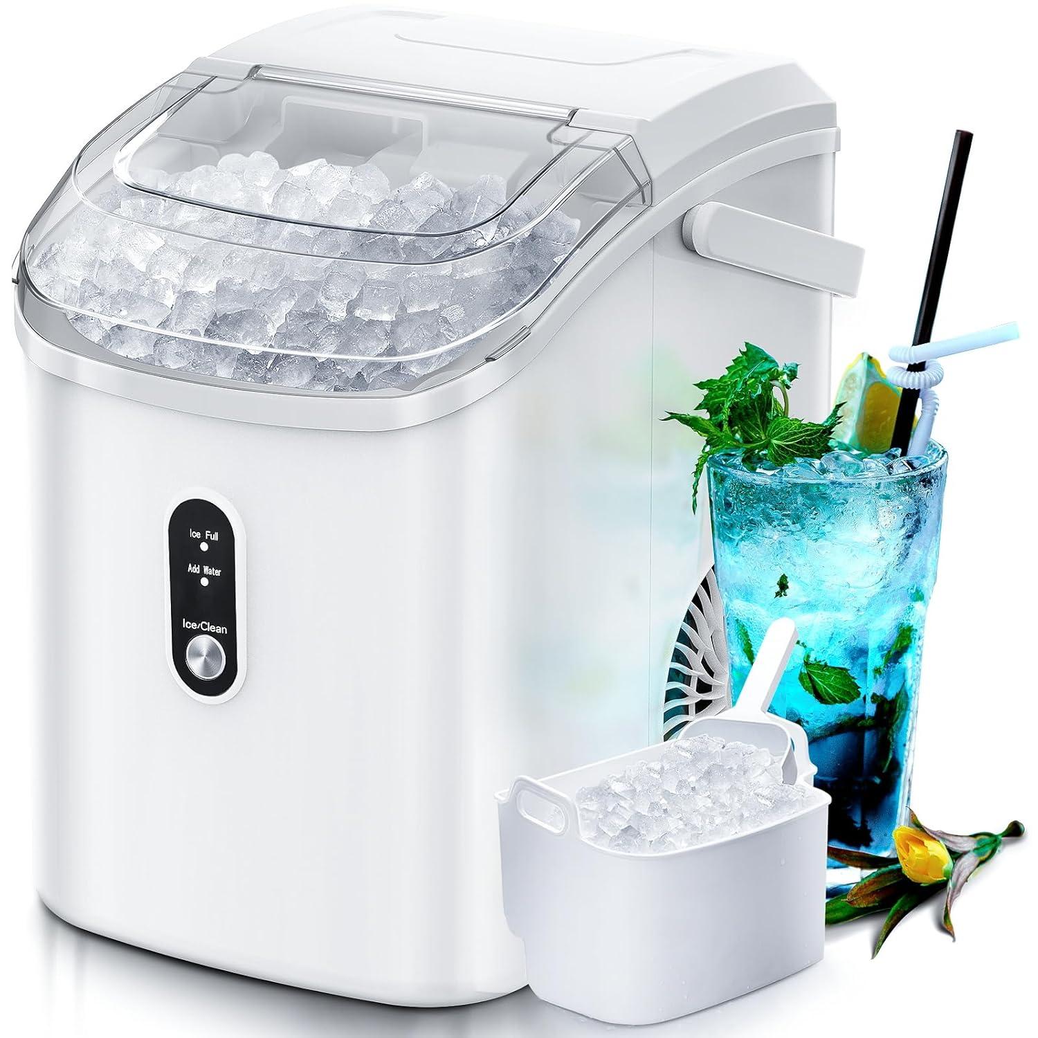 White Portable Countertop Nugget Ice Maker with Self-Cleaning