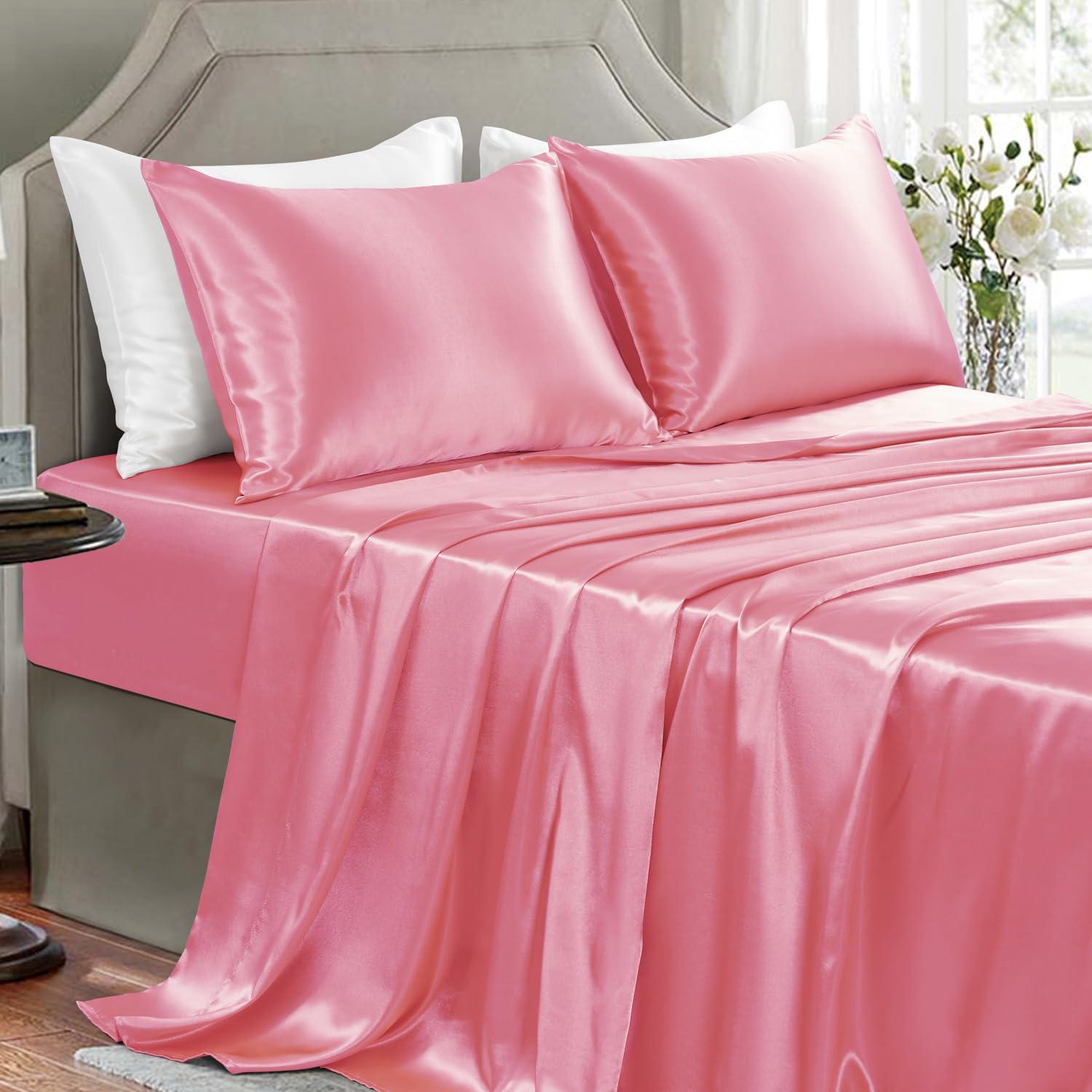 Homiest 4pcs Satin Sheets Set Luxury Silky Satin Bedding Set with Deep Pocket, 1 Fitted Sheet + 1 Flat Sheet + 2 Pillowcases (Queen Size, Blush Pink)