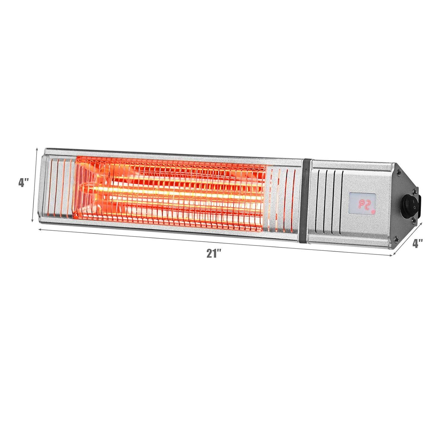 Costway Wall-Mounted Patio Heater 750W/1500W Infrared Heater with 9-Level Adjustable 24H Timer & Remote Control Silver