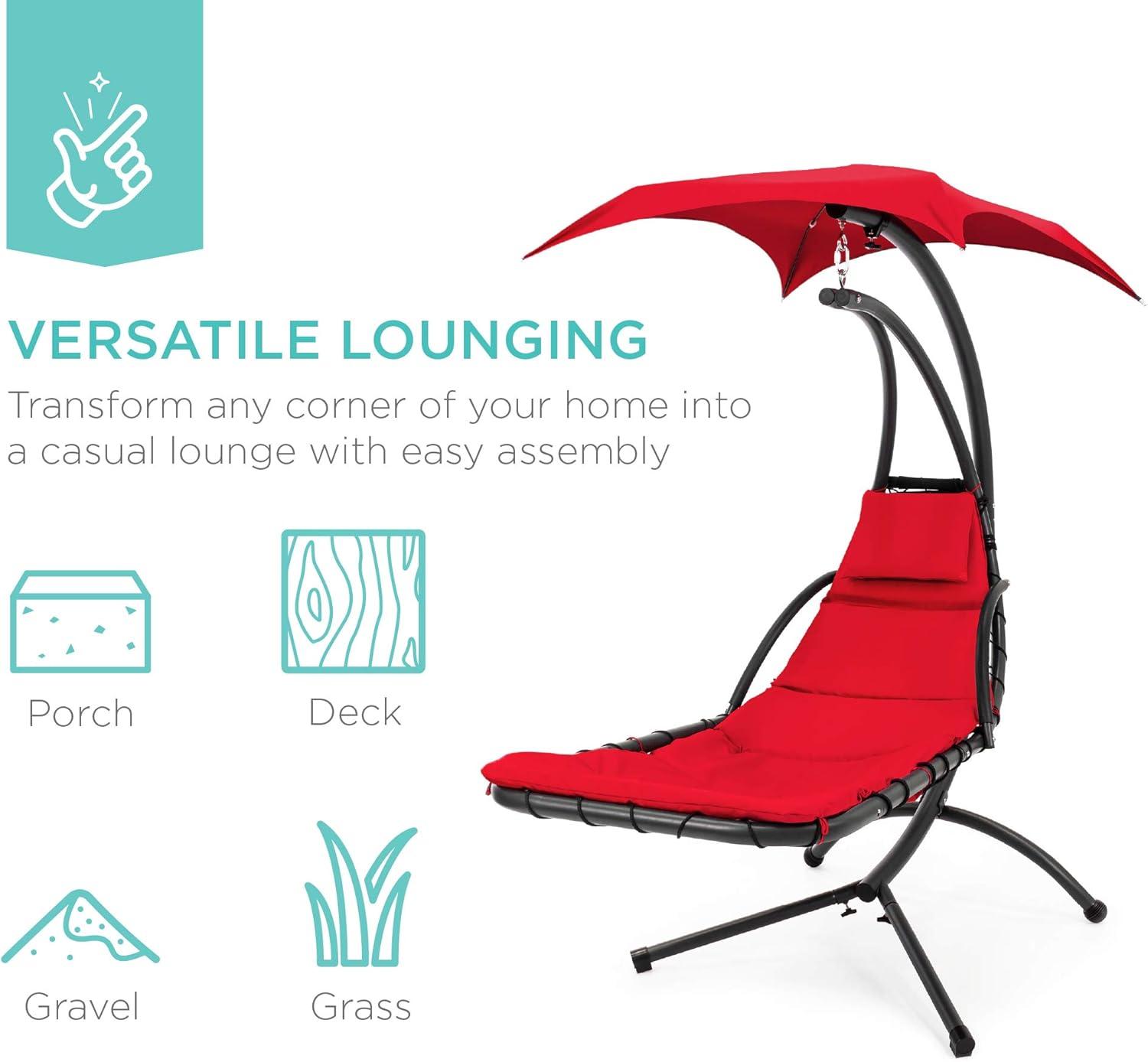 Best Choice Products Hanging Curved Chaise Lounge Chair Swing for Backyard, Patio w/ Pillow, Shade, Stand - Red