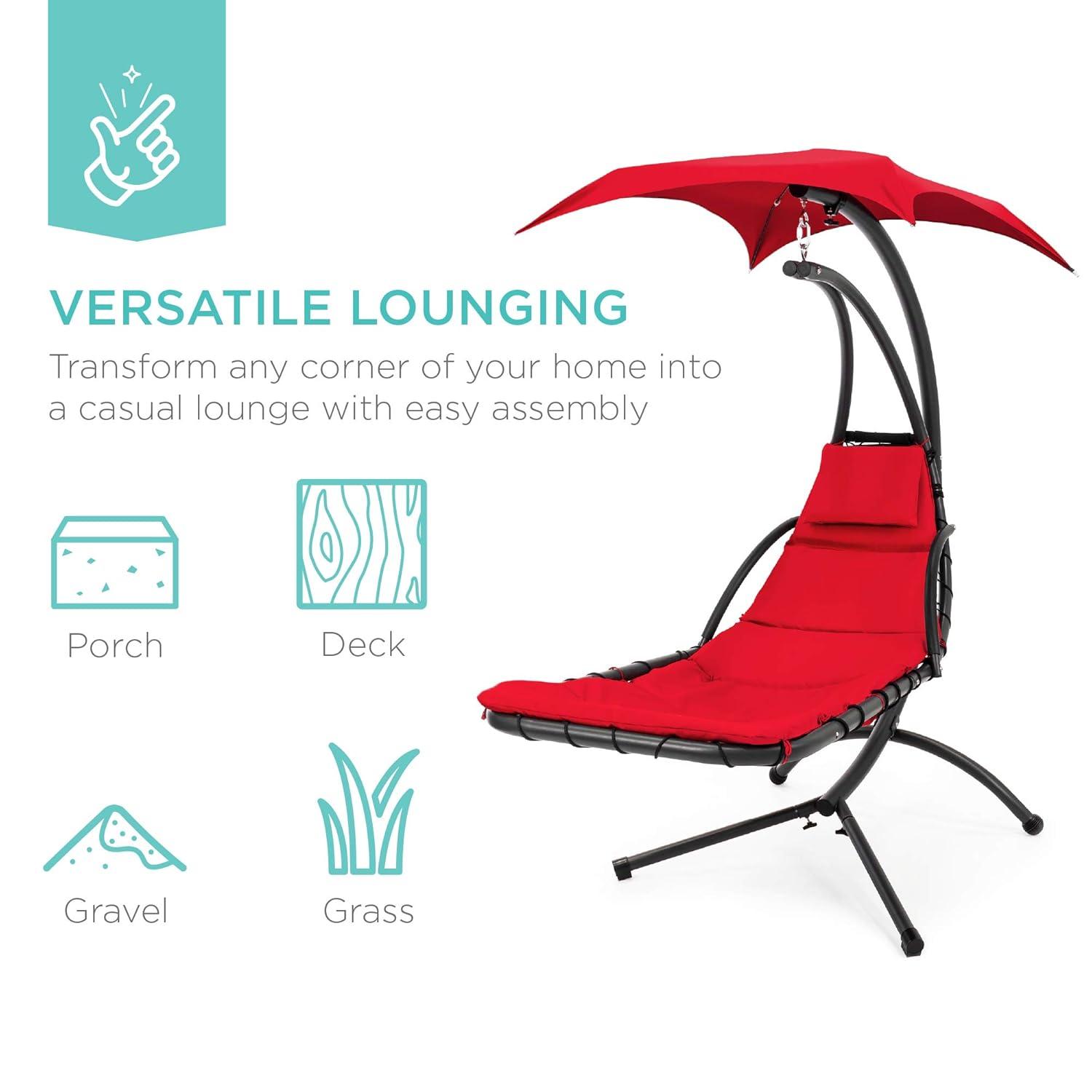 Best Choice Products Hanging Curved Chaise Lounge Chair Swing for Backyard, Patio w/ Pillow, Shade, Stand - Red