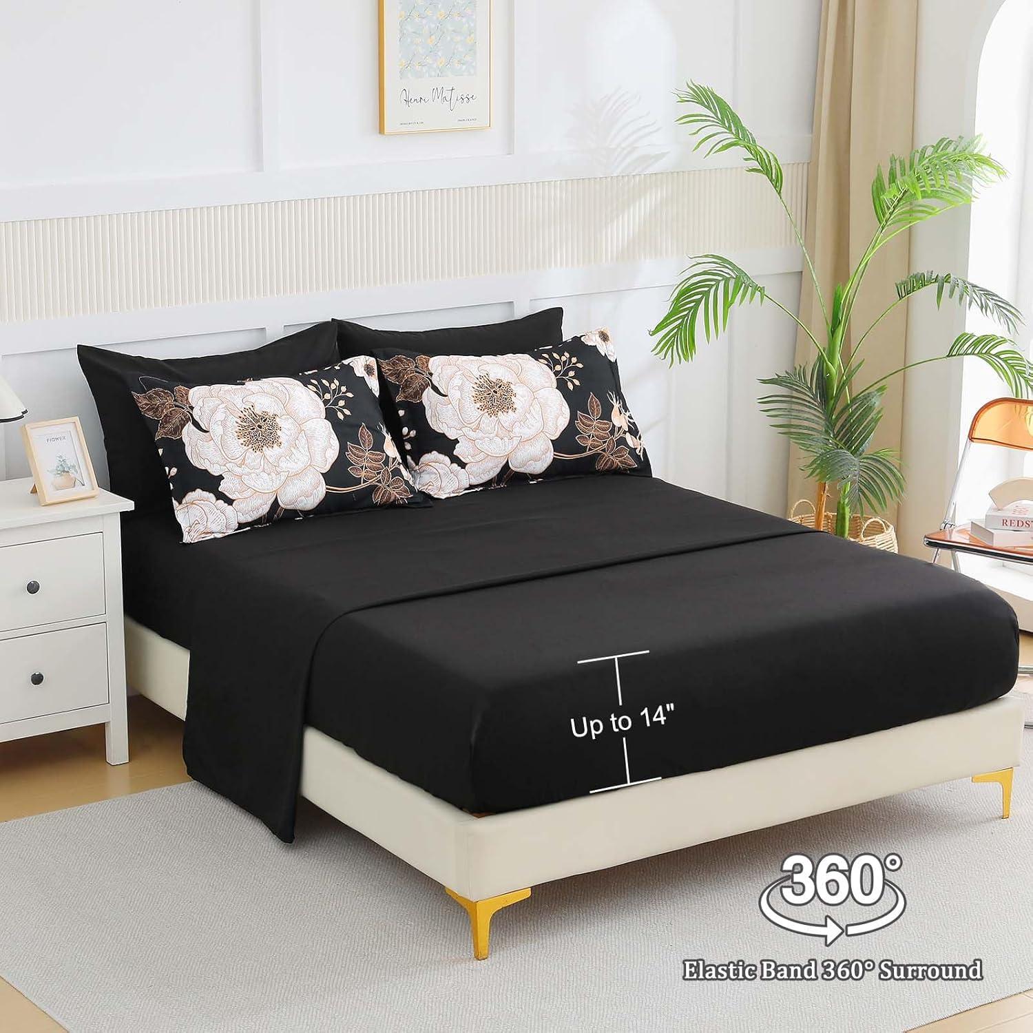 DANTUL 7 Piece Bed In A Bag Queen Comforter Set Botanical Floral Bedding Set,White Flowers Leaves Printed On Black Reversible Design,Soft Microfiber Comforter With Sheet Set,All Season