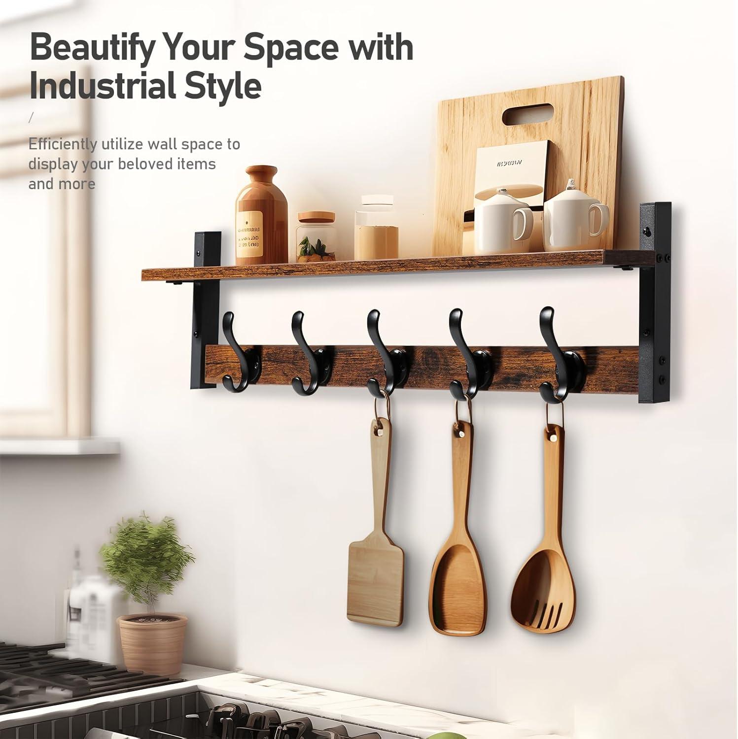 Rustic Brown and Black Wall Mounted Coat Rack with Shelf and 5 Hooks