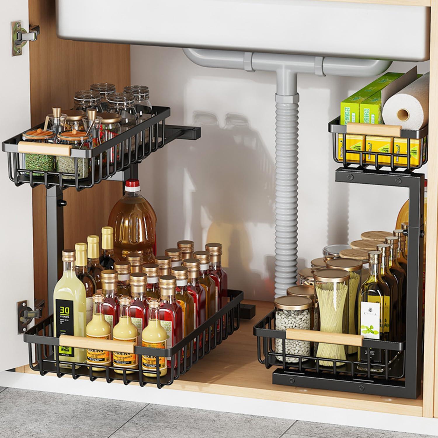 Rebrilliant Under Sink Organizer, 2 Tier Under Sink Organizers And Storage, Metal Slide Out Pull Out Cabinet Organizer ,2 Pack Sliding Drawer Organizer For Kitchen Bathroom Pantry