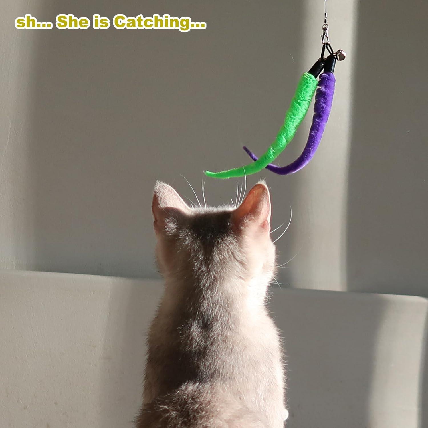 Cat Feather Toy, Retractable Cat Toys Wand 2 Wands & 9 Assorted Teaser Refills, Interactive Feather Teaser Wand Toy Bell Kitt
