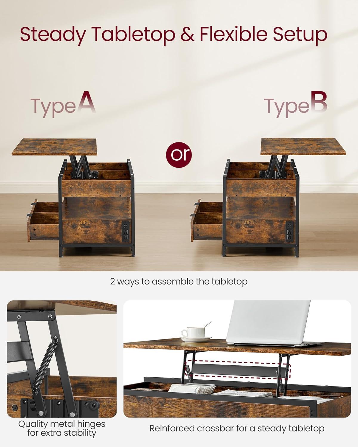 VASAGLE Lift Top Coffee Table with Storage Drawers, Coffee Table for Living Room with Lifting Top, Hidden Compartments and Open Shelf, Rustic Brown and Ink Black ULCT209K01