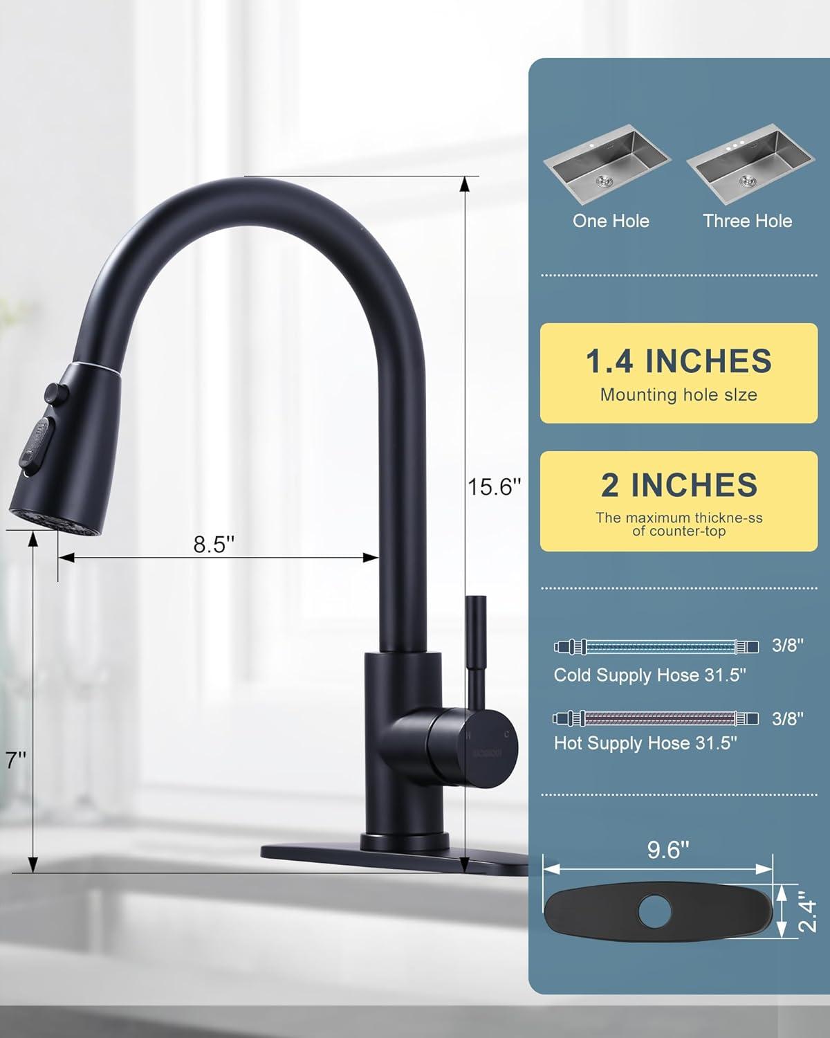 WOWOW Pull Down Kitchen Sink Faucet with Sprayer Stainless Steel Black 1 Handle Kitchen Faucets