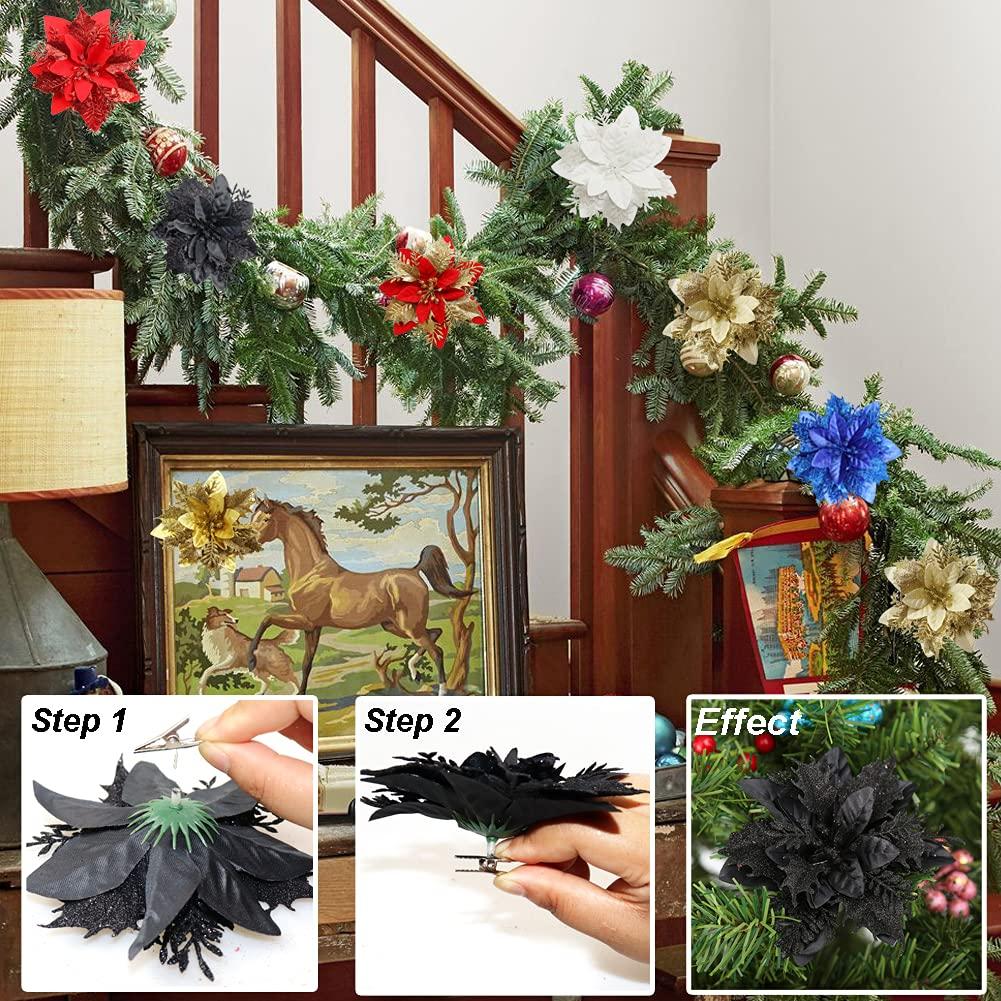 Glitter Christmas Poinsettia Artificial Xmas Flower Ornaments Flowers Decorations with Clips and Stems Glitter Poinsettia Christmas Tree Ornaments for Christmas Wedding (Black,36 Pieces)